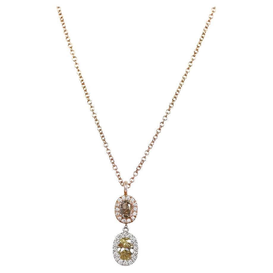 Fancy Yellow Diamond Pendant Necklace, Diamond Halo,  18K White & Rose Gold For Sale