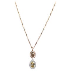 Fancy Yellow Diamond Pendant Necklace, Diamond Halo,  18K White & Rose Gold