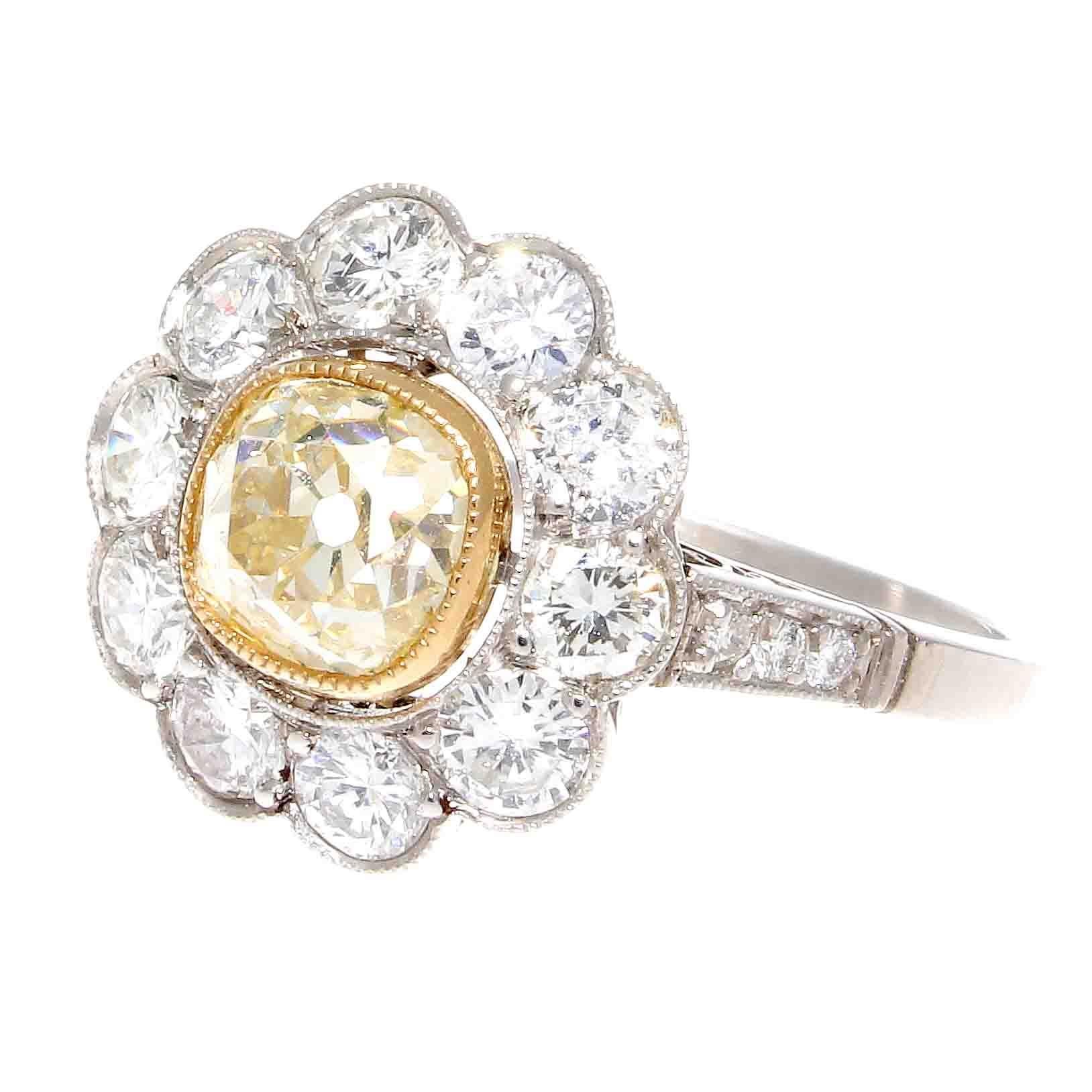 Fancy Yellow Diamond Platinum Cluster Engagement Ring