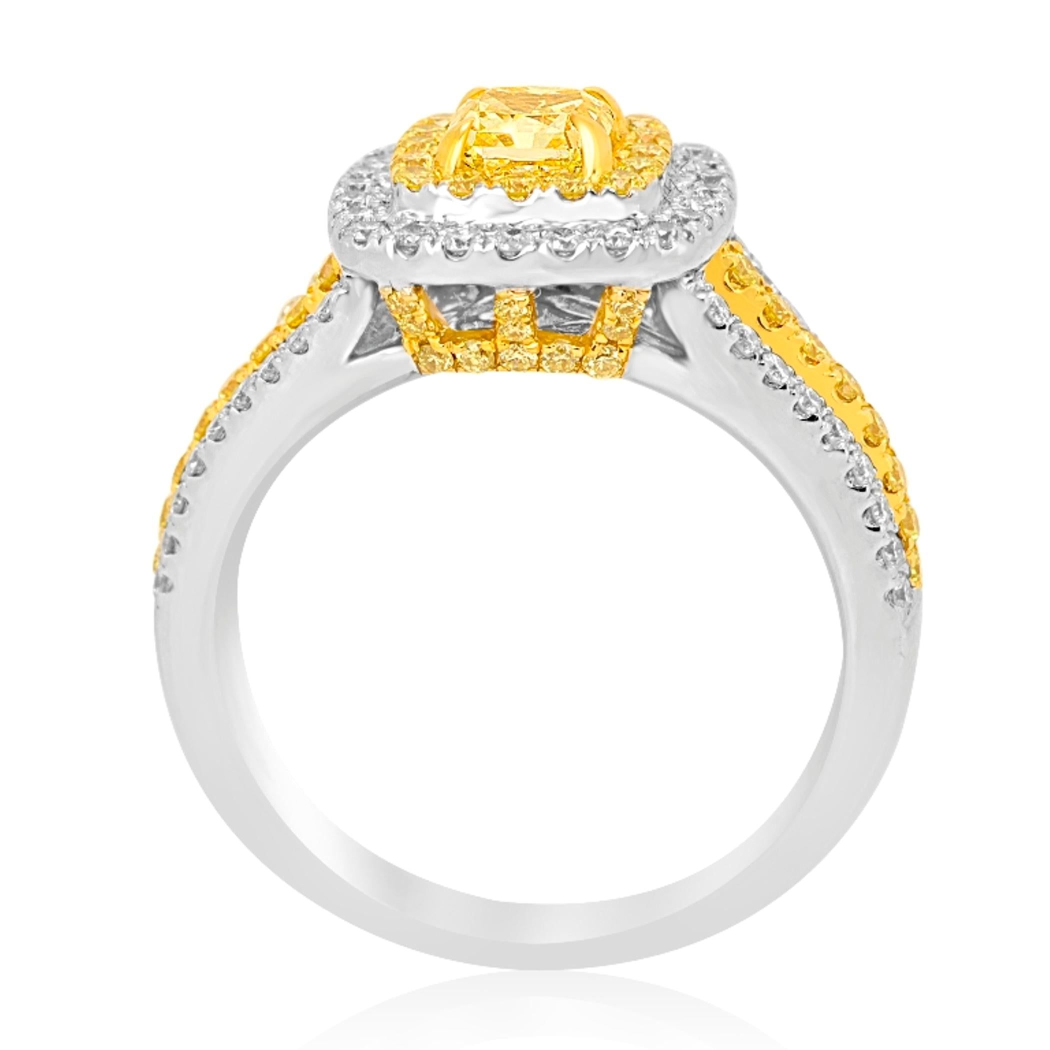 Contemporary Fancy Yellow Diamond Radiant Double Halo Two Color Gold Bridal Fashion Ring