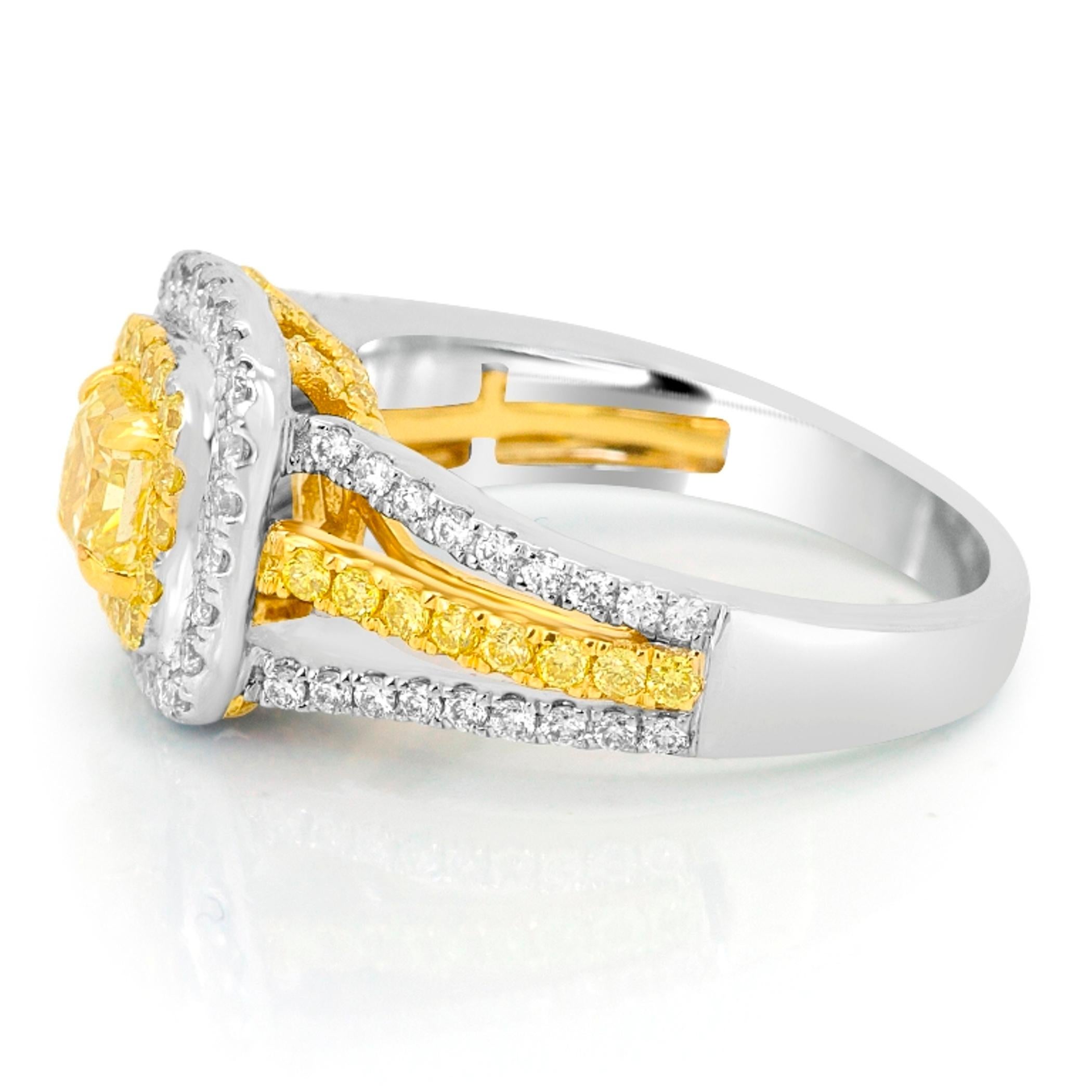 Radiant Cut Fancy Yellow Diamond Radiant Double Halo Two Color Gold Bridal Fashion Ring