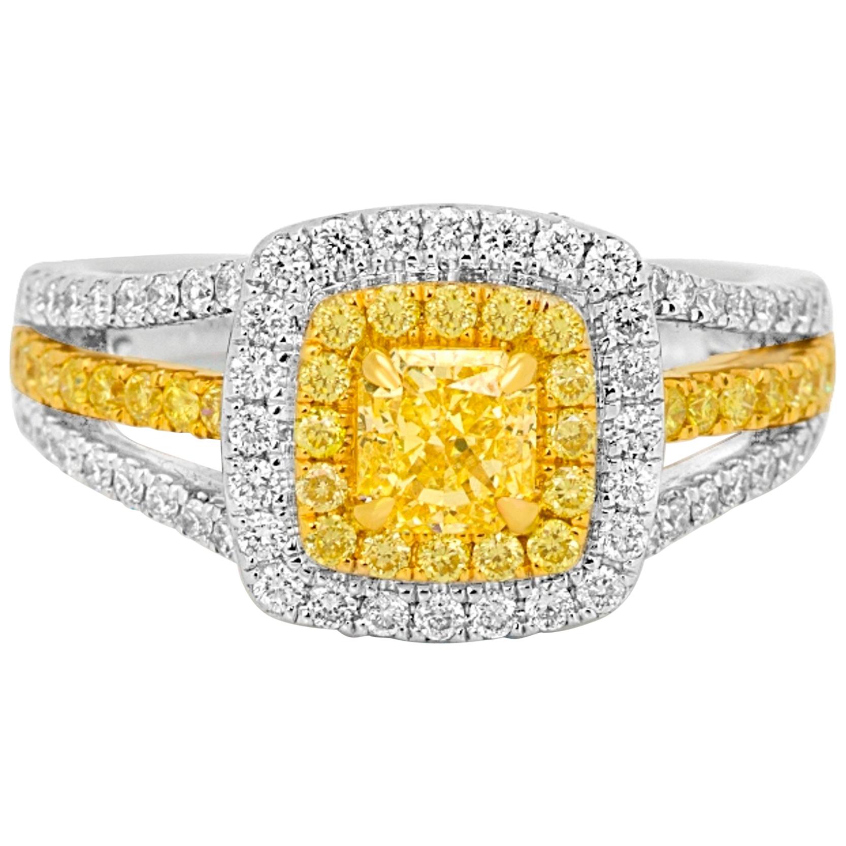 Fancy Yellow Diamond Radiant Double Halo Two Color Gold Bridal Fashion Ring