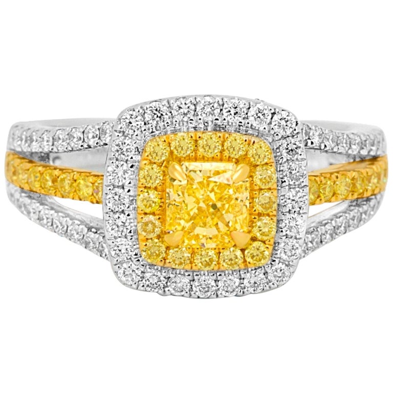 Fancy Yellow Diamond Radiant Double Halo Two Color Gold Bridal Fashion ...