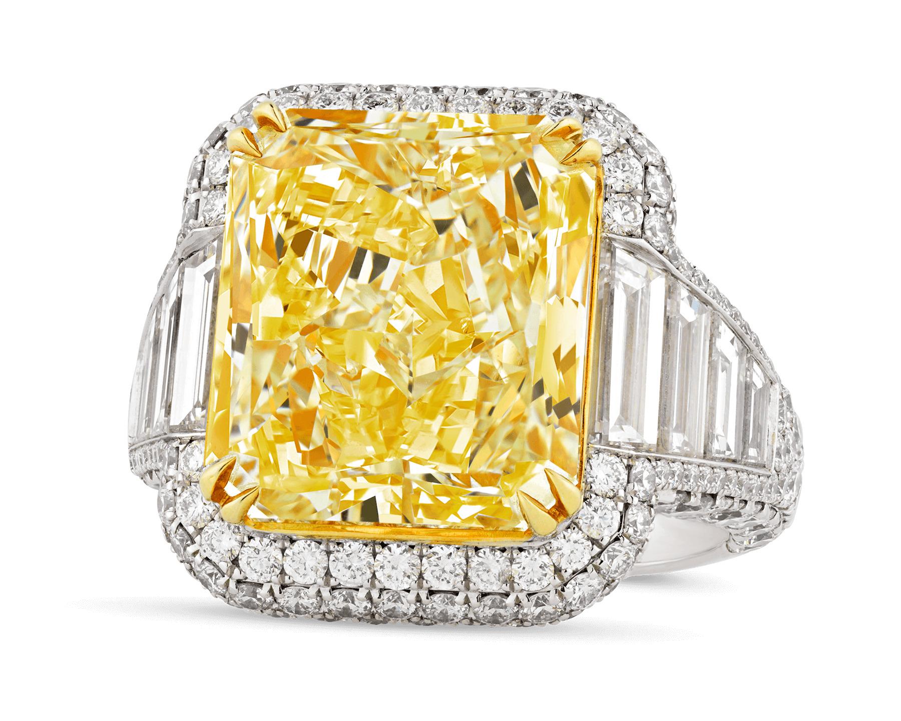 The monumental natural fancy yellow diamond in this ring totals 10.02 brilliant carats. Yellow diamonds are among the most coveted gemstones in the world, and this is a truly spectacular example of their beauty. The diamond is certified by the