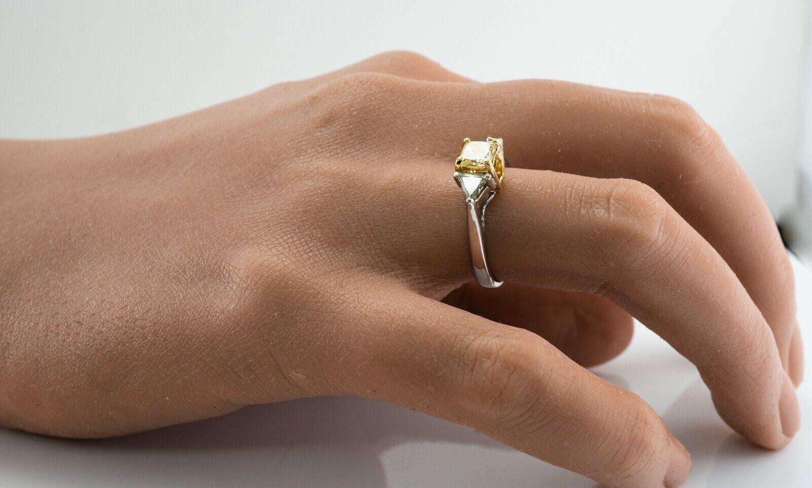 Fancy Yellow Diamond Ring 18K White Gold Trillion Wedding Engagement For Sale 5
