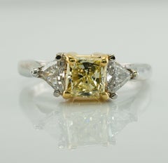Fancy Yellow Diamond Ring 18K White Gold Trillion Wedding Engagement