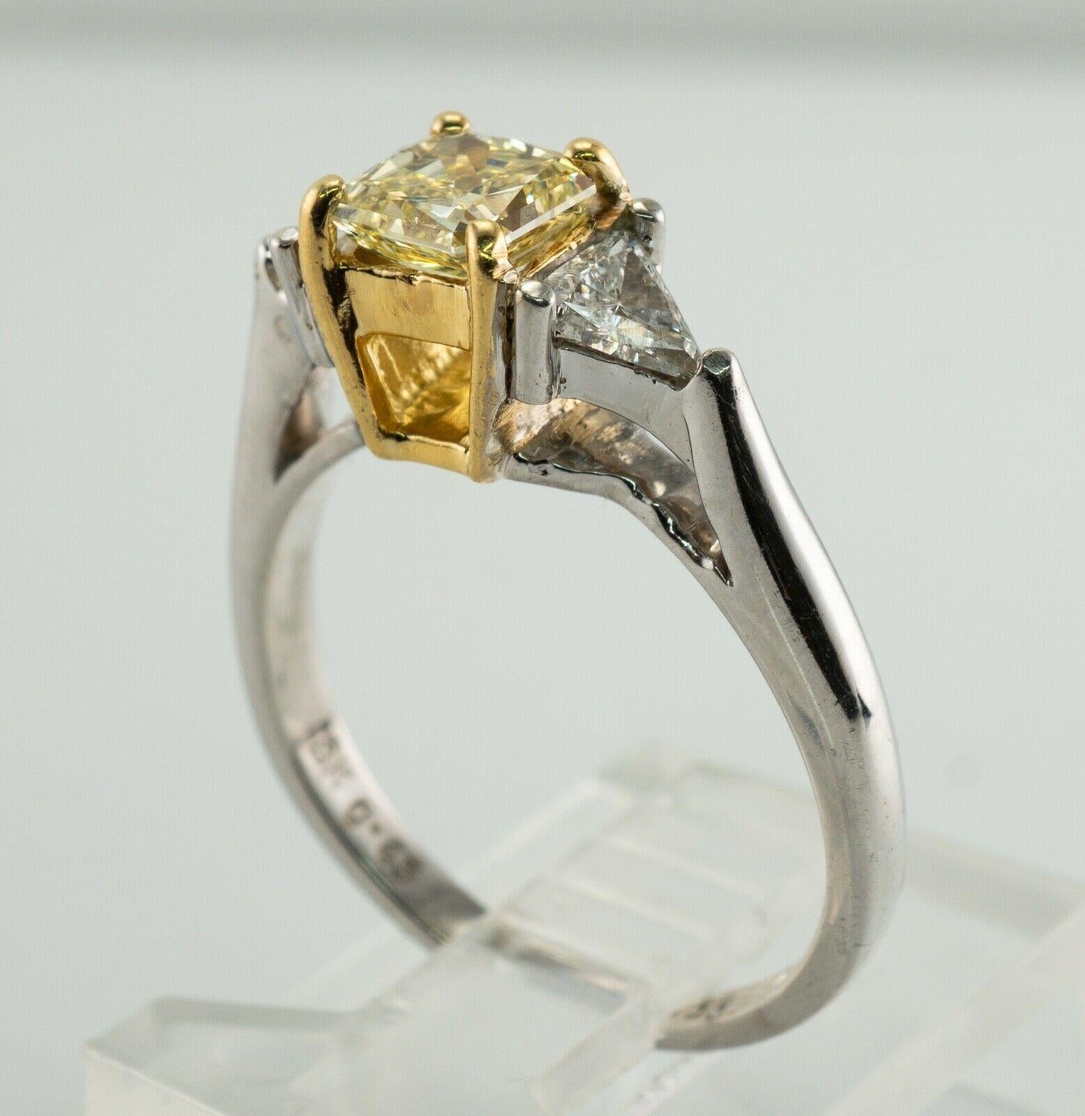 Fancy Yellow Diamond Ring 18K White Gold Trillion Wedding Engagement For Sale 2
