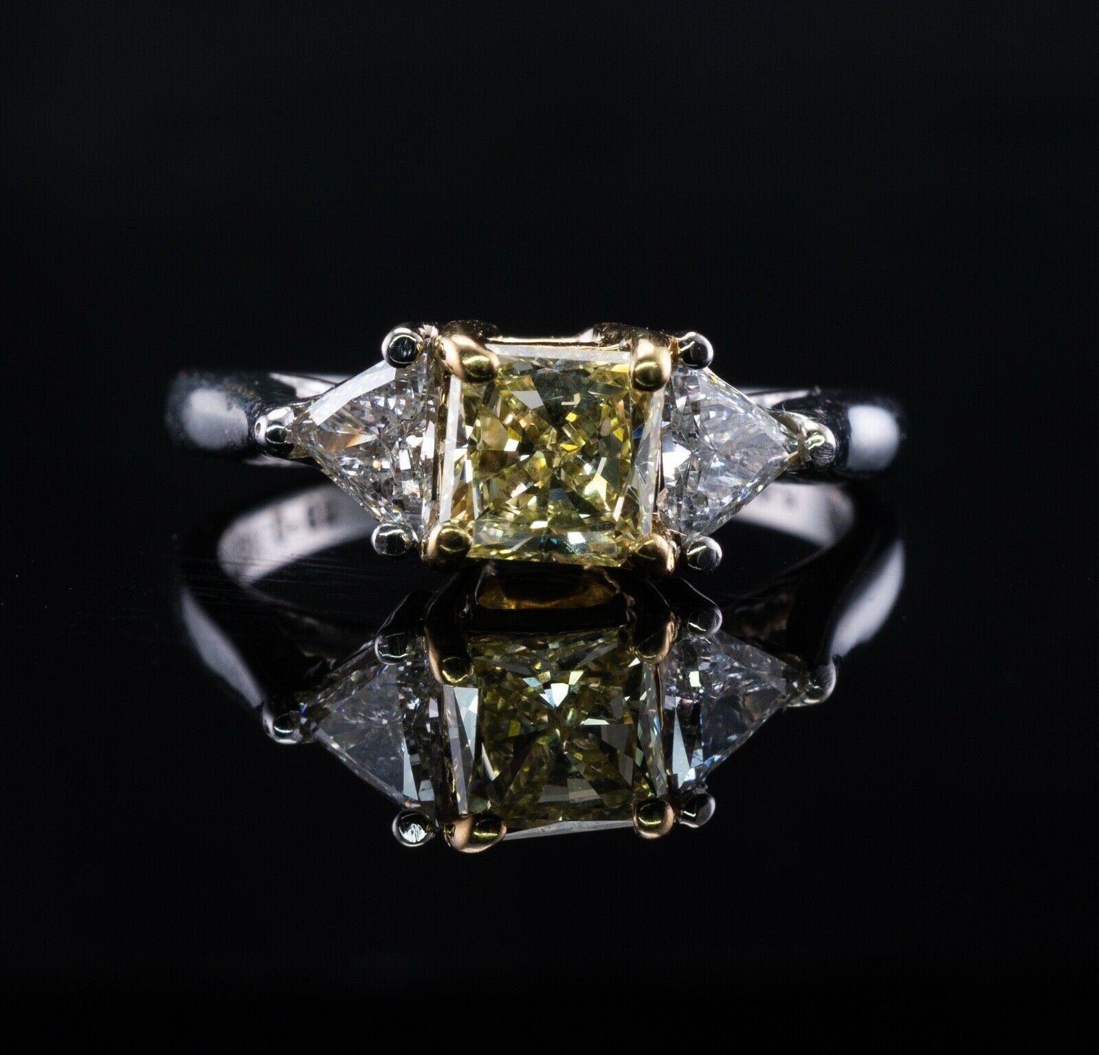 Fancy Yellow Diamond Ring 18K White Gold Trillion Wedding Engagement For Sale 4