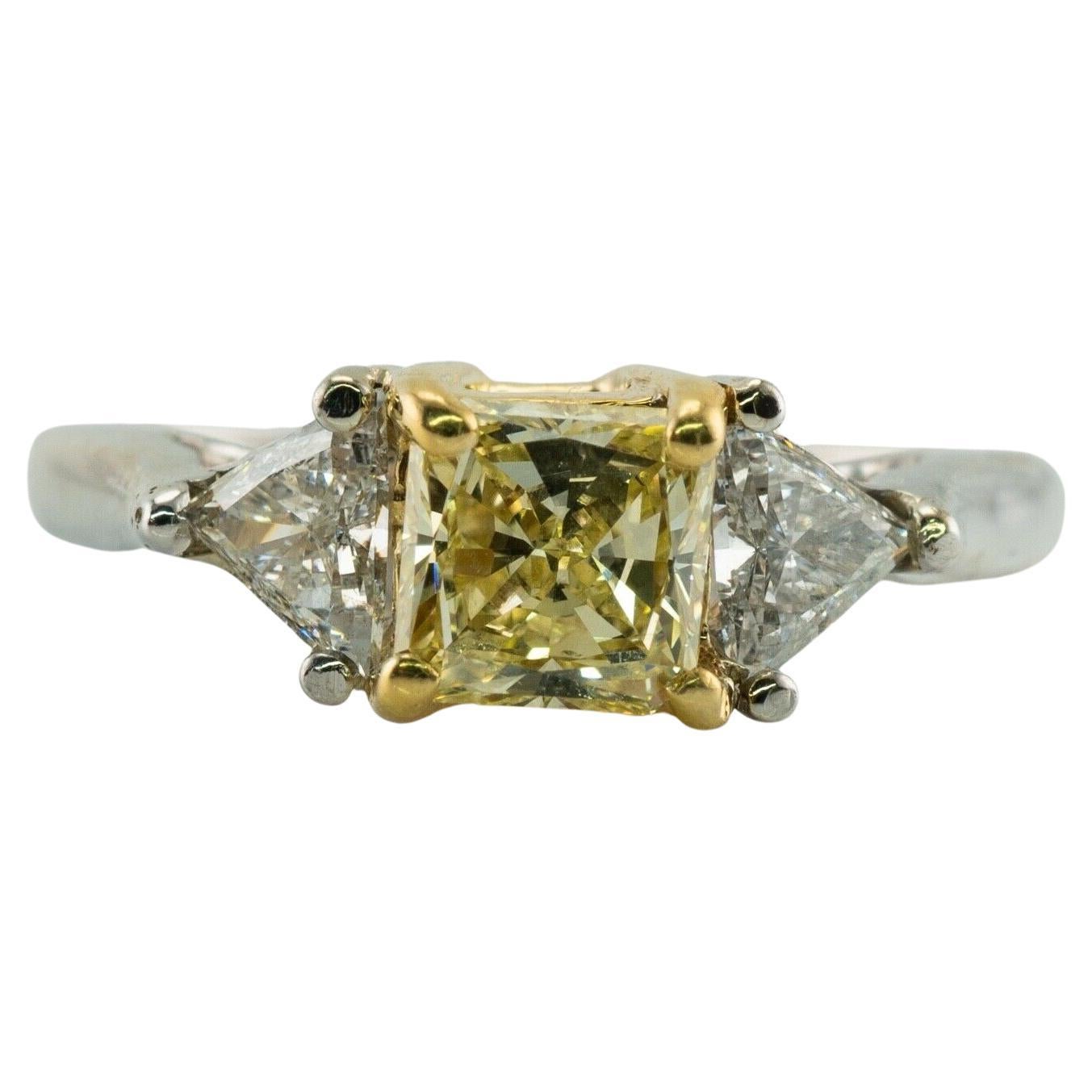 Fancy Yellow Diamond Ring 18K White Gold Trillion Wedding Engagement For Sale