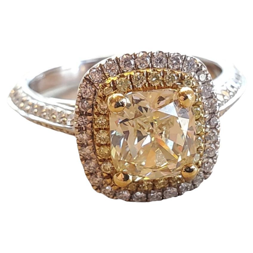 Fancy Yellow Diamond Ring 2tcw 18k White Gold Ring 1.41ct cushion Diamond Center