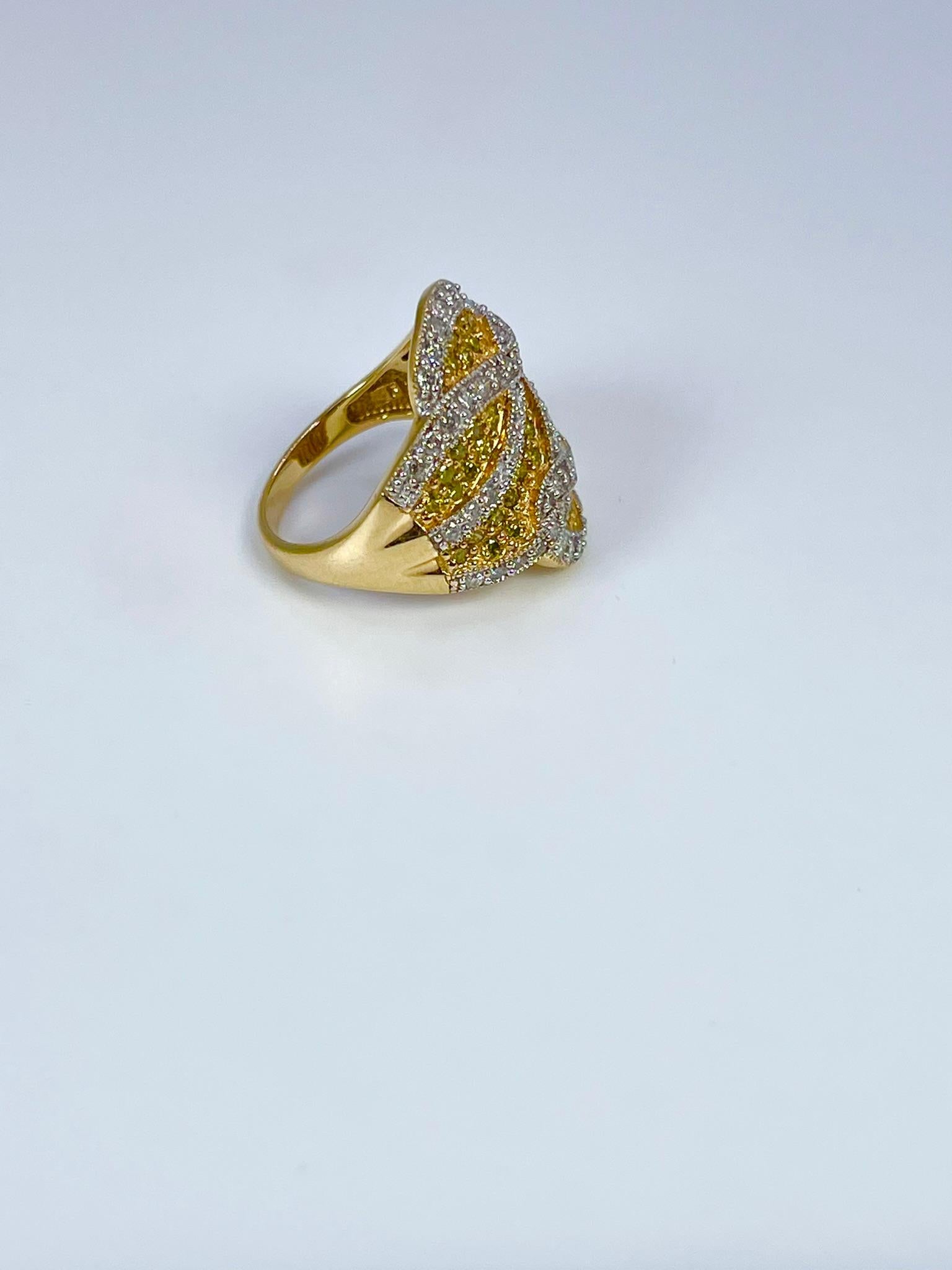 Modern Fancy Yellow Diamond Ring Cocktail Diamond Ring 1.28ct 14kt Gold Wide Dome Ring For Sale