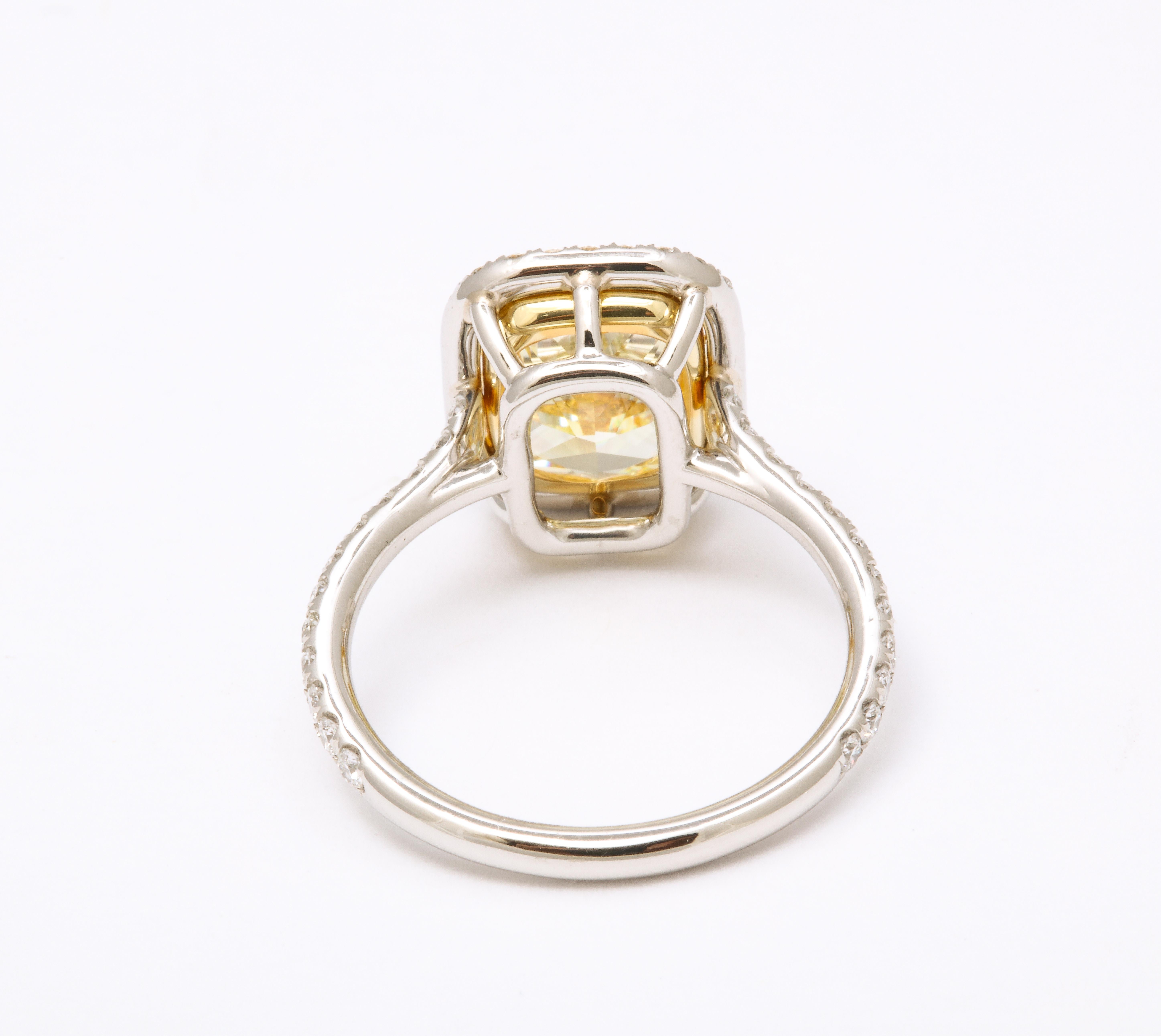 Cushion Cut Fancy Yellow Diamond Ring  For Sale