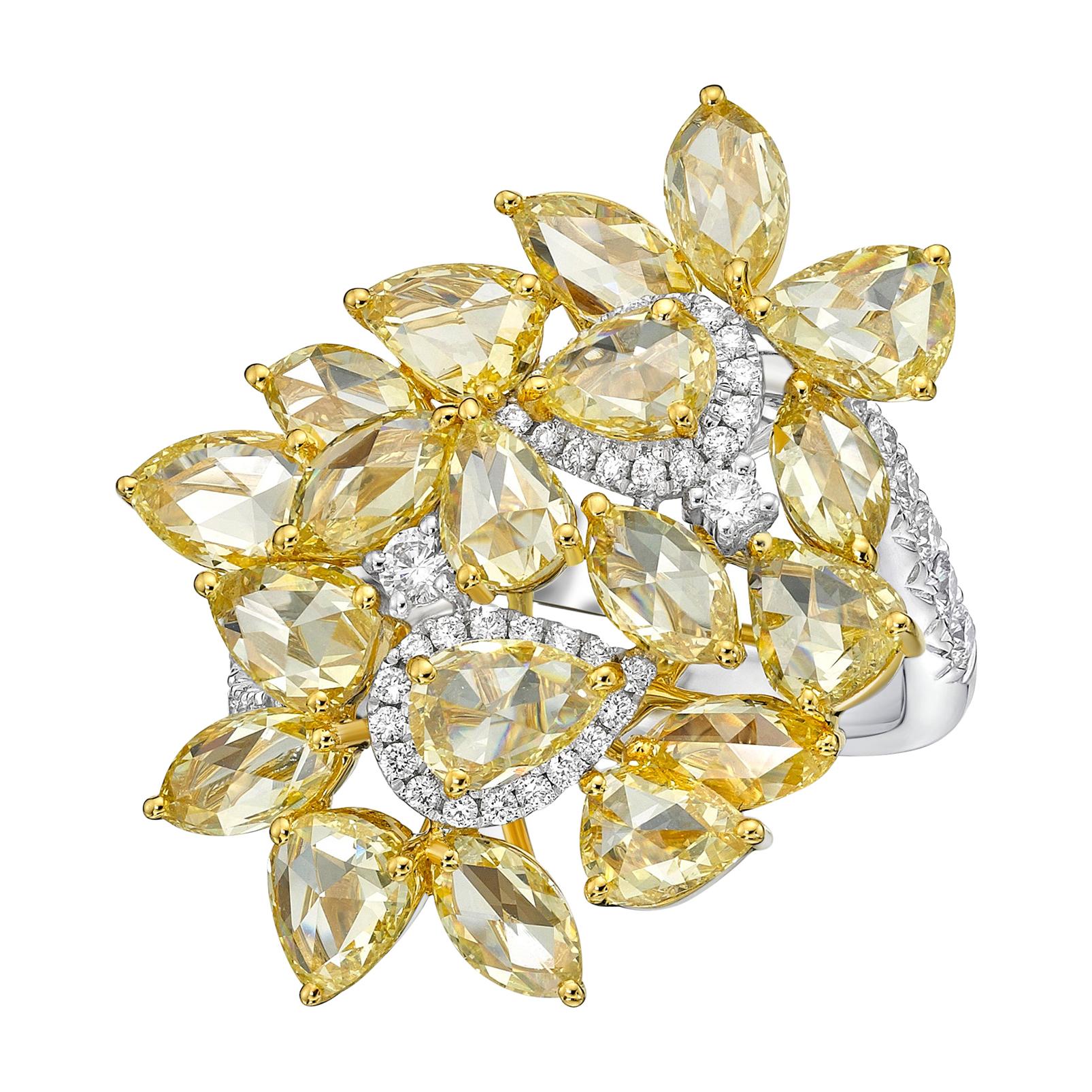 18 Karat White Gold Pear Marquise Cut Fancy Yellow Diamond Cluster Ring For Sale