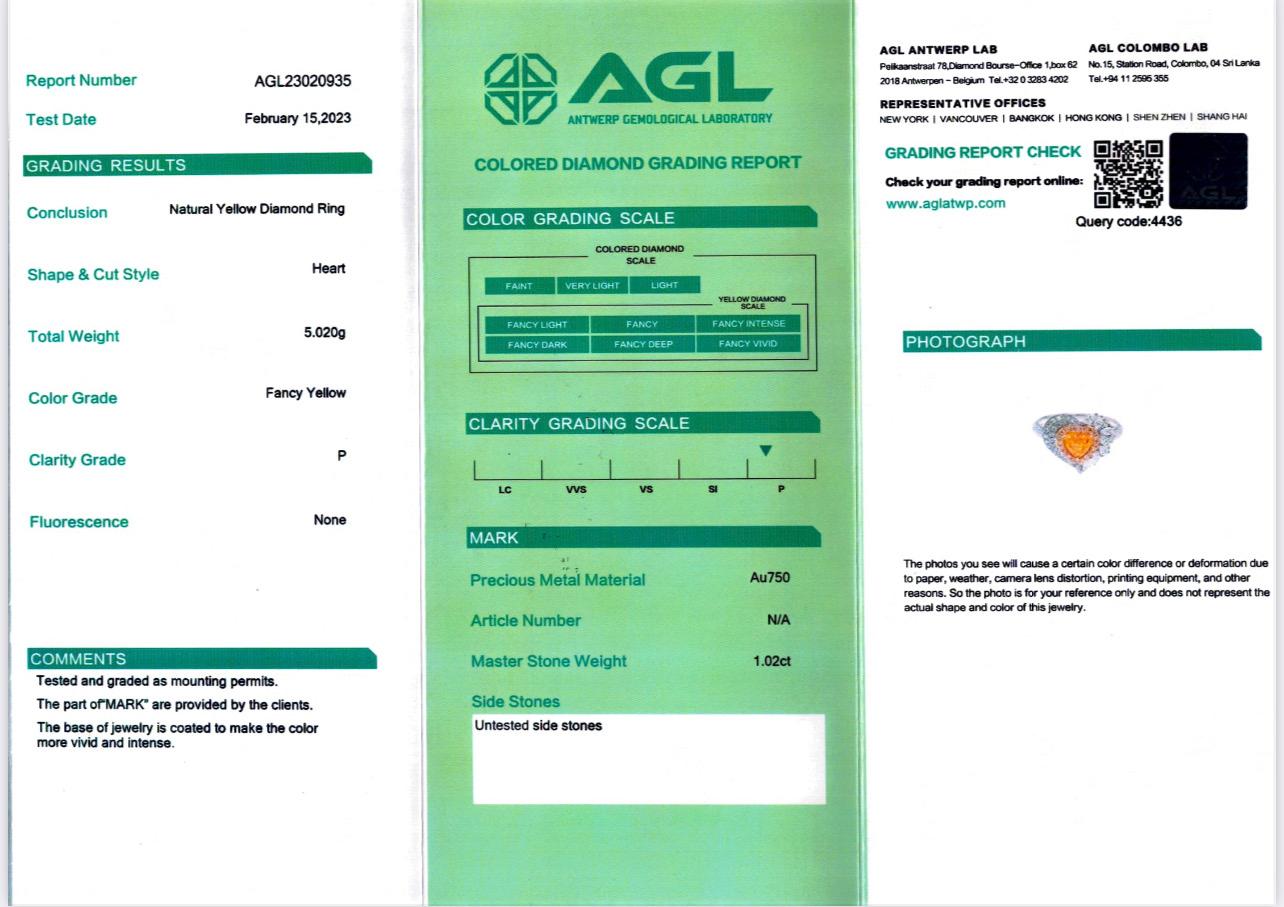 Fancy Yellow Diamond Ring Heart Shape 1.02 Carats AGL Certified In New Condition For Sale In Kowloon, HK