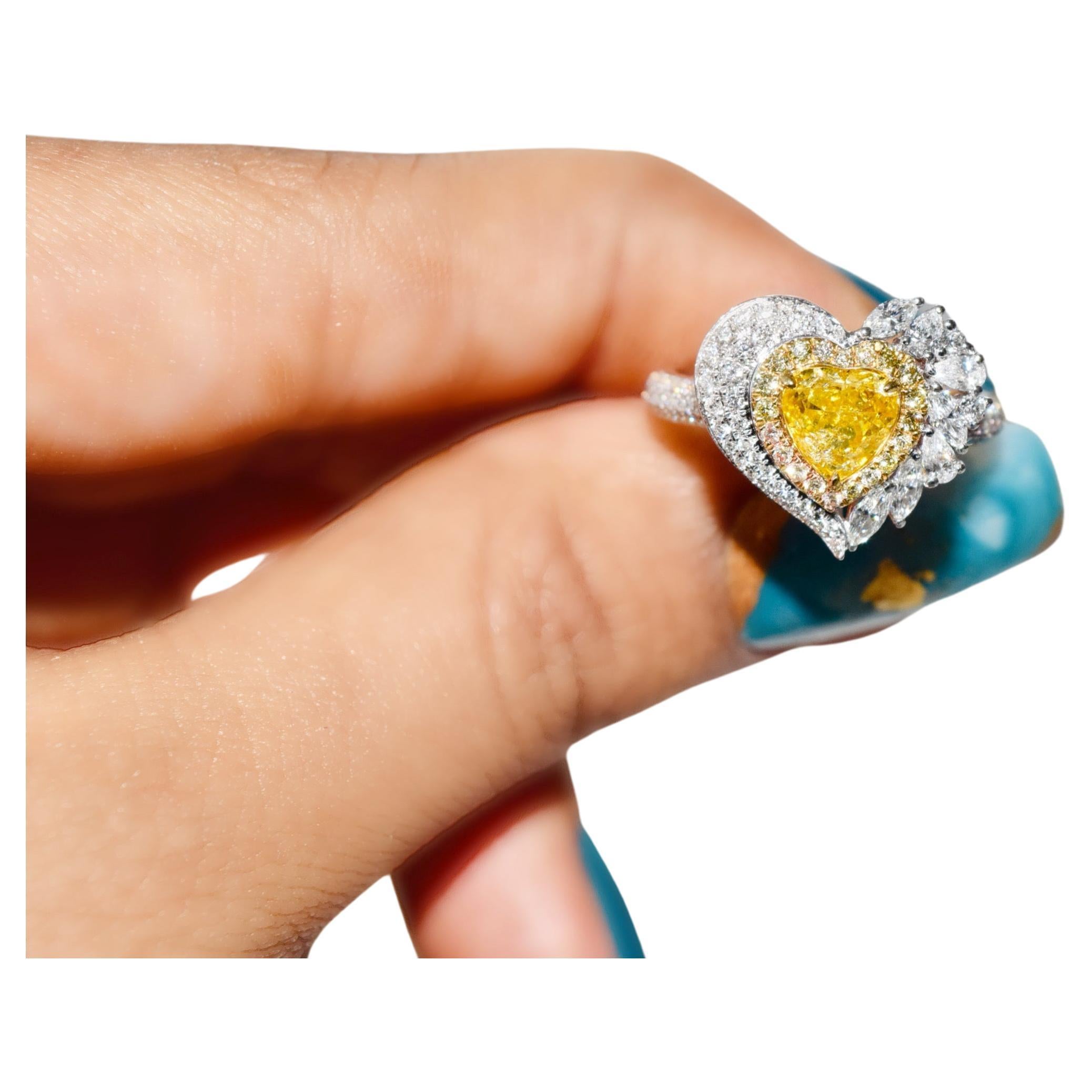 Fancy Yellow Diamond Ring Heart Shape 1.02 Carats AGL Certified For Sale