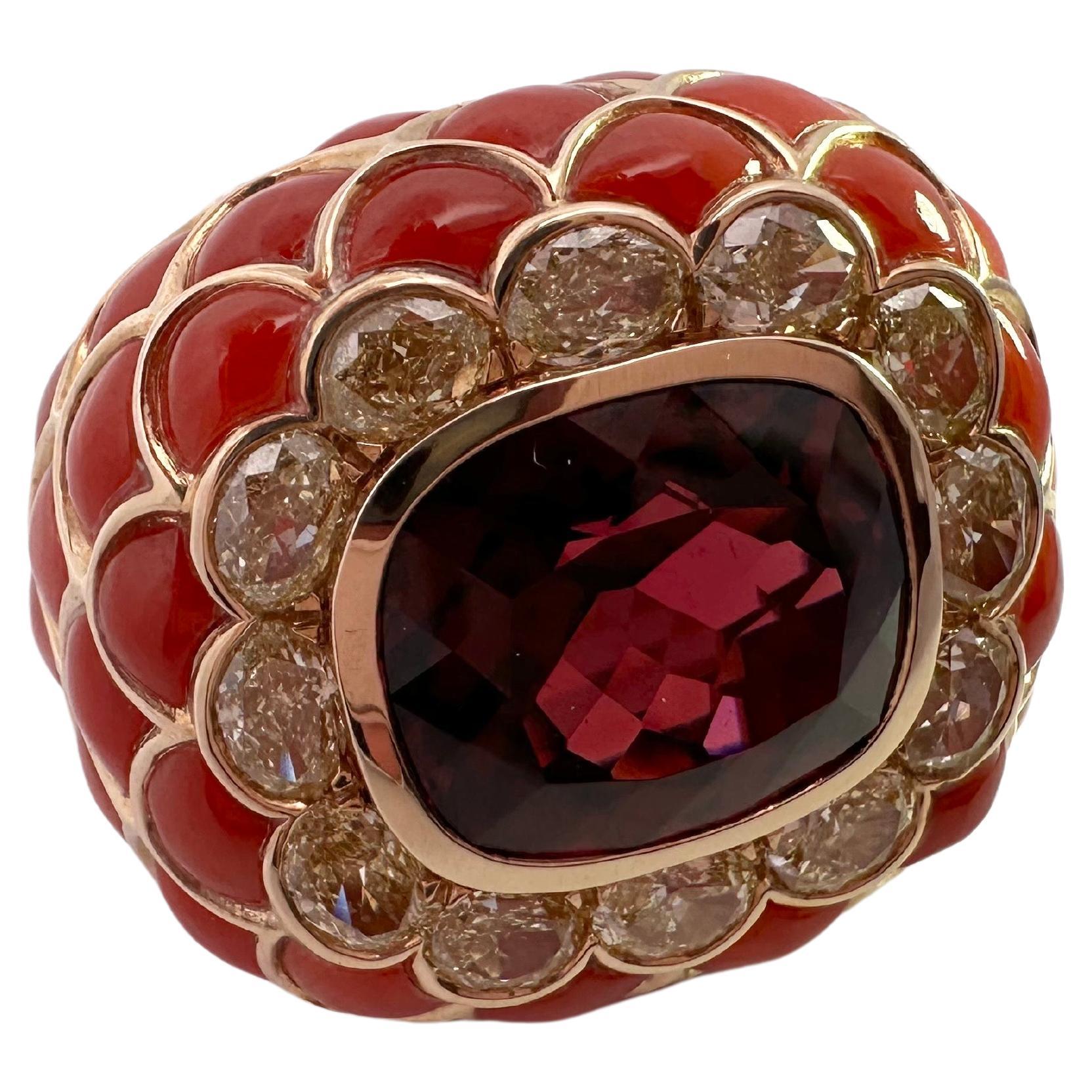 This is a very rare piece to own! Handmade from scratch like jewelry was made centuries ago! Can you imagine this ring was made by hand the whole ring from a piece of gold wow! Made with 14.84 garnet and 3.75 carats of natural fancy yellow diamonds