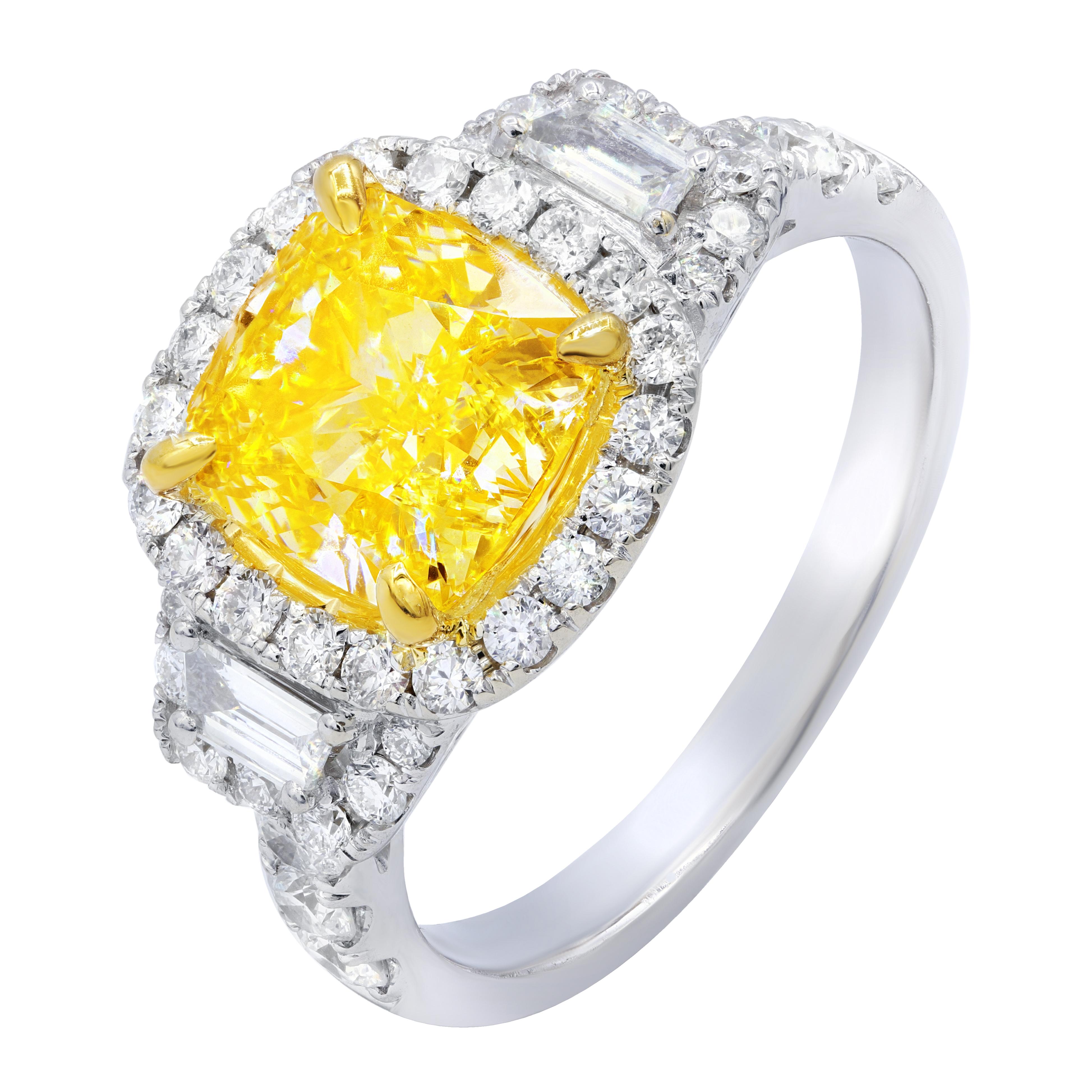 Fancy Yellow Diamond Ring Set in Halo Settings with Trapezoids For Sale
