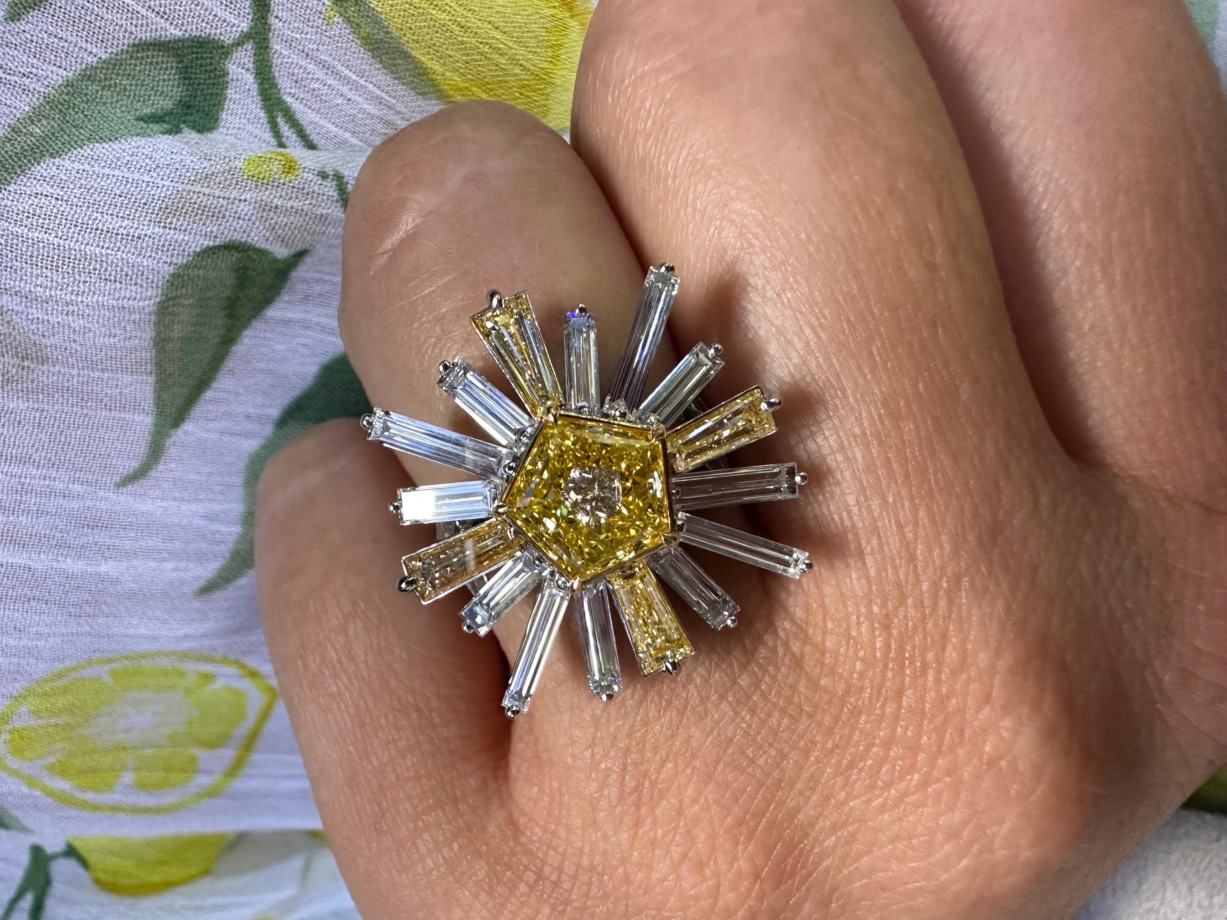 Fancy Yellow diamond ring sun art deco diamond ring 18KT ring Rare Find For Sale 6