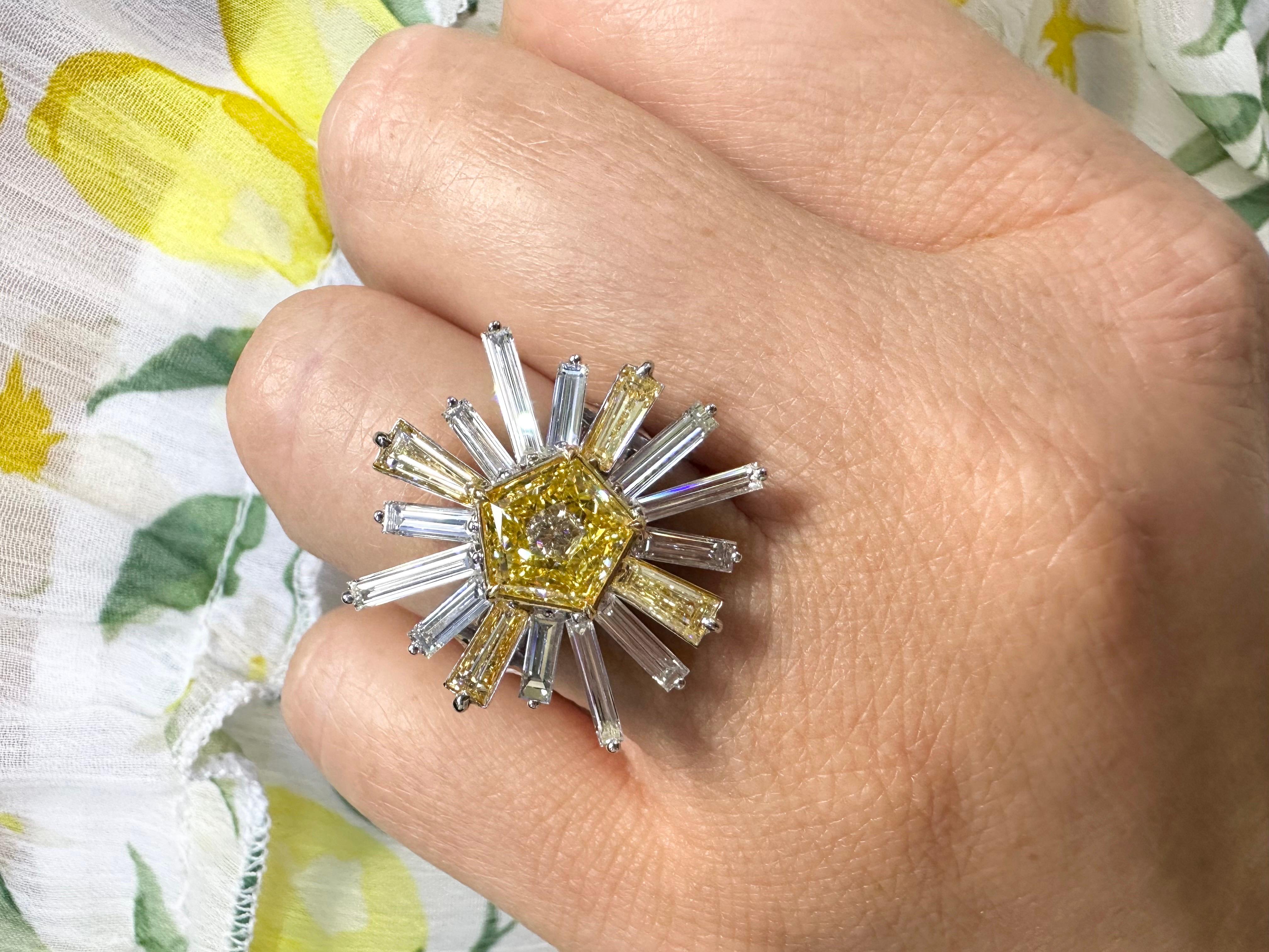 Fancy Yellow diamond ring sun art deco diamond ring 18KT ring Rare Find For Sale 1