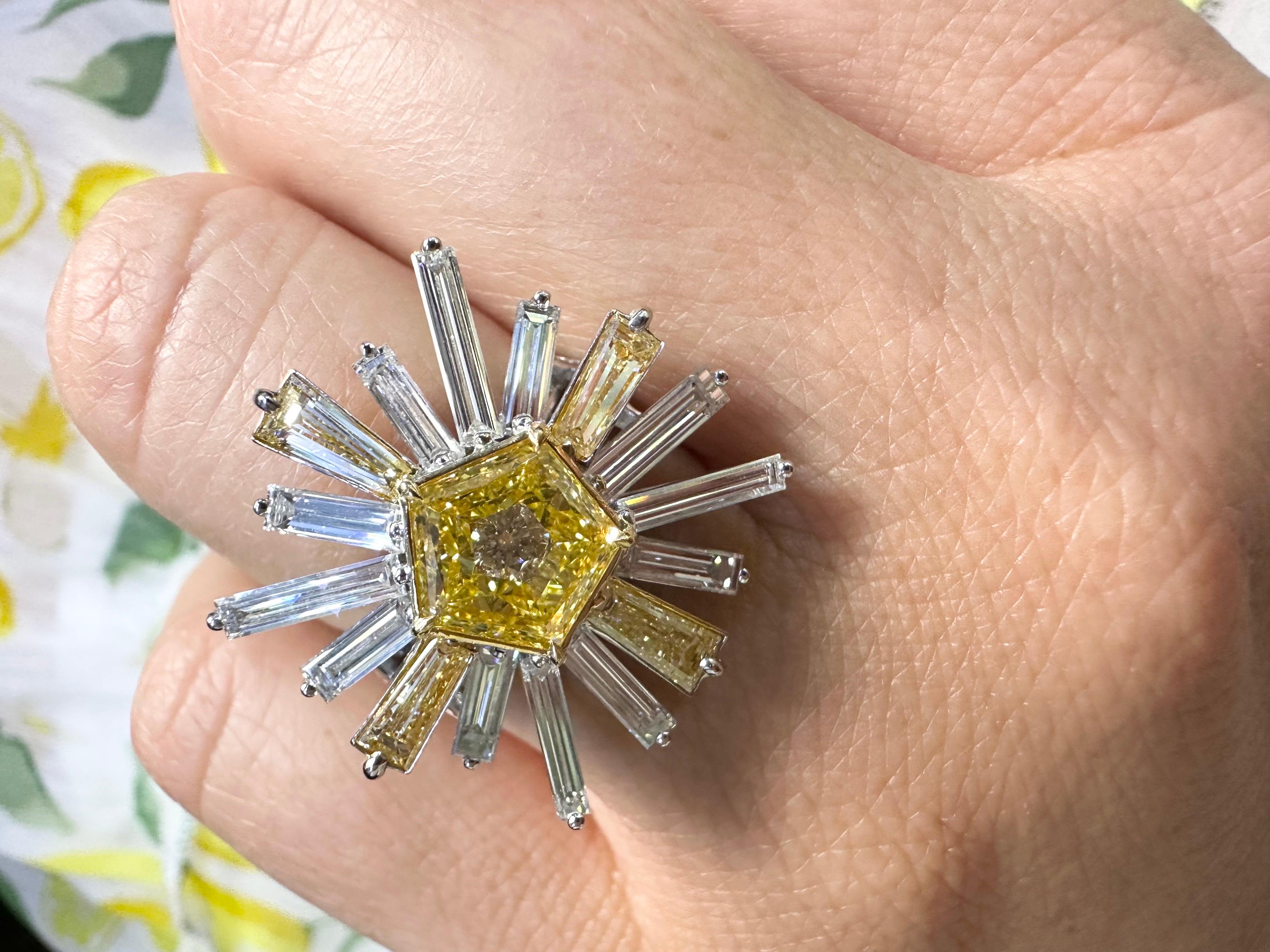 Fancy Yellow diamond ring sun art deco diamond ring 18KT ring Rare Find For Sale 2