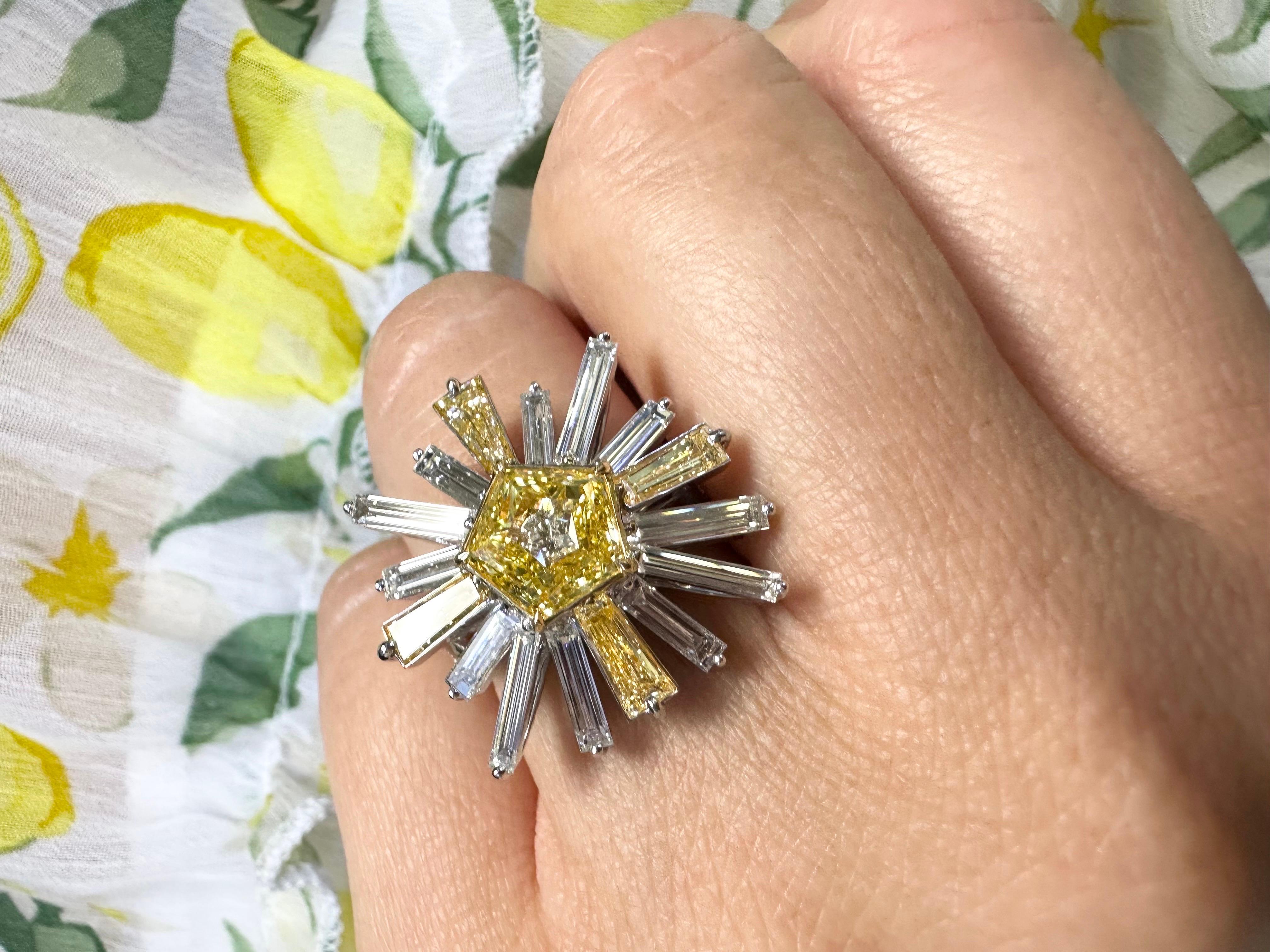 Fancy Yellow diamond ring sun art deco diamond ring 18KT ring Rare Find For Sale 3
