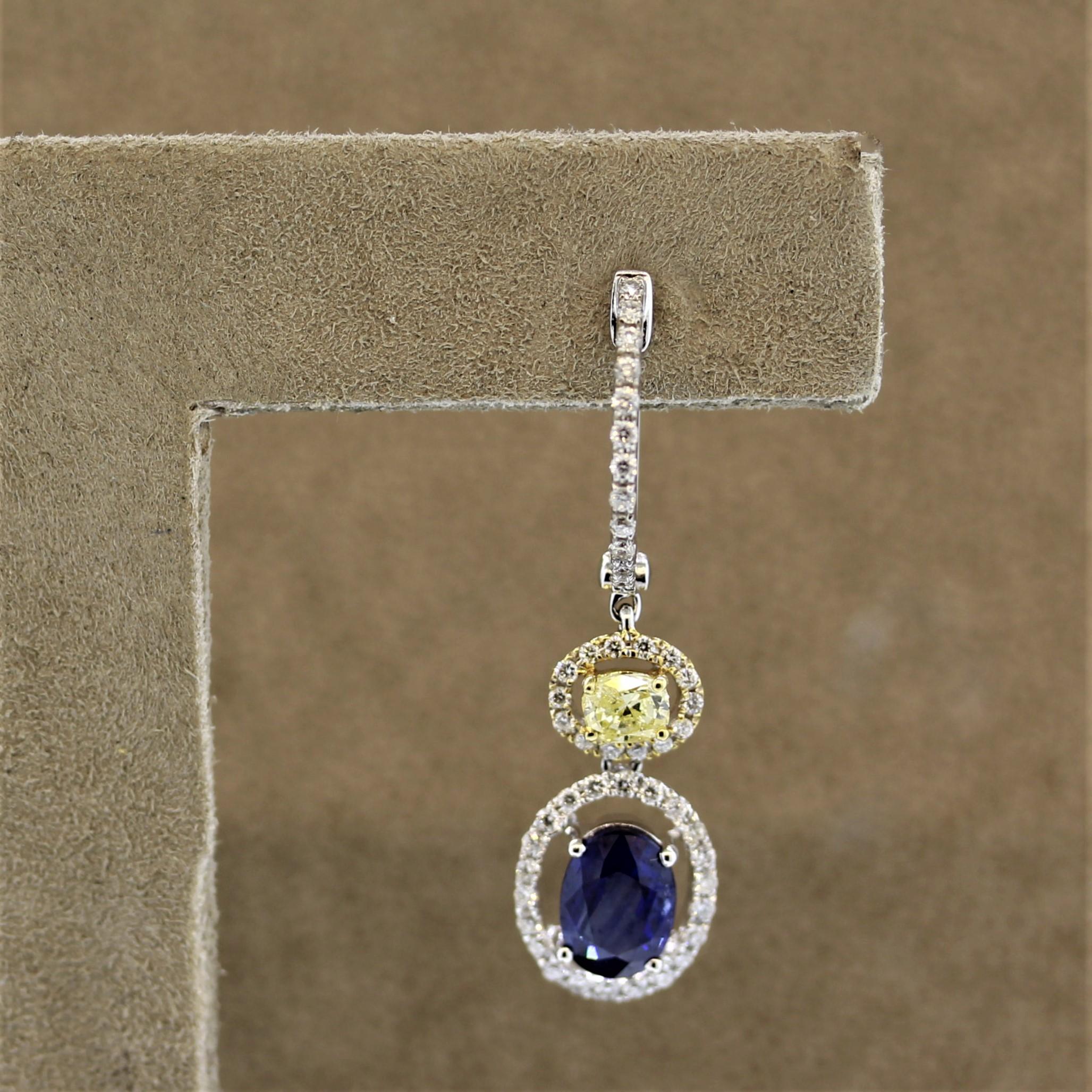 Oval Cut Fancy Yellow Diamond Sapphire Gold Drop Earrings