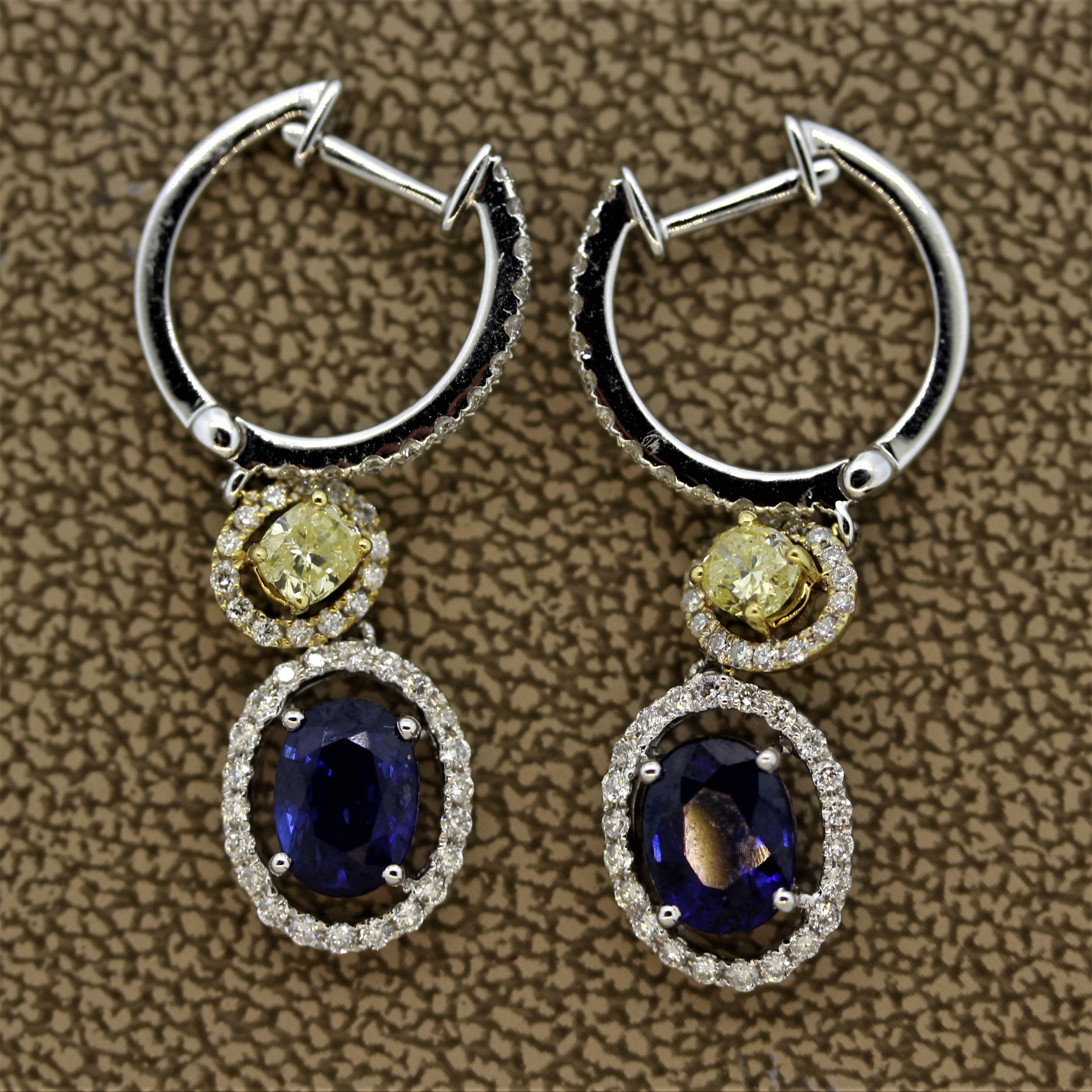 Fancy Yellow Diamond Sapphire Gold Drop Earrings In New Condition In Beverly Hills, CA