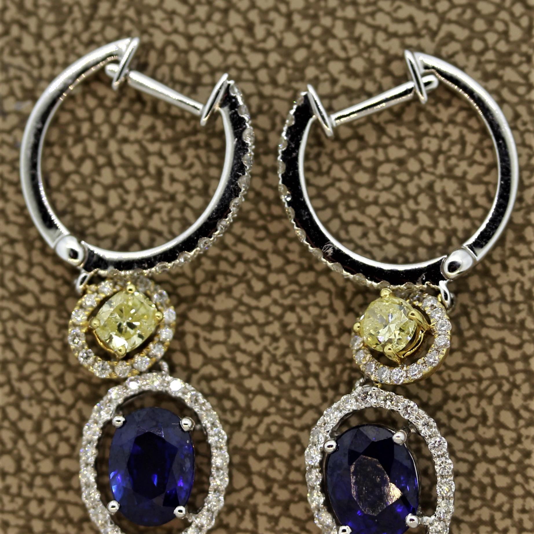 Fancy Yellow Diamond Sapphire Gold Drop Earrings 1