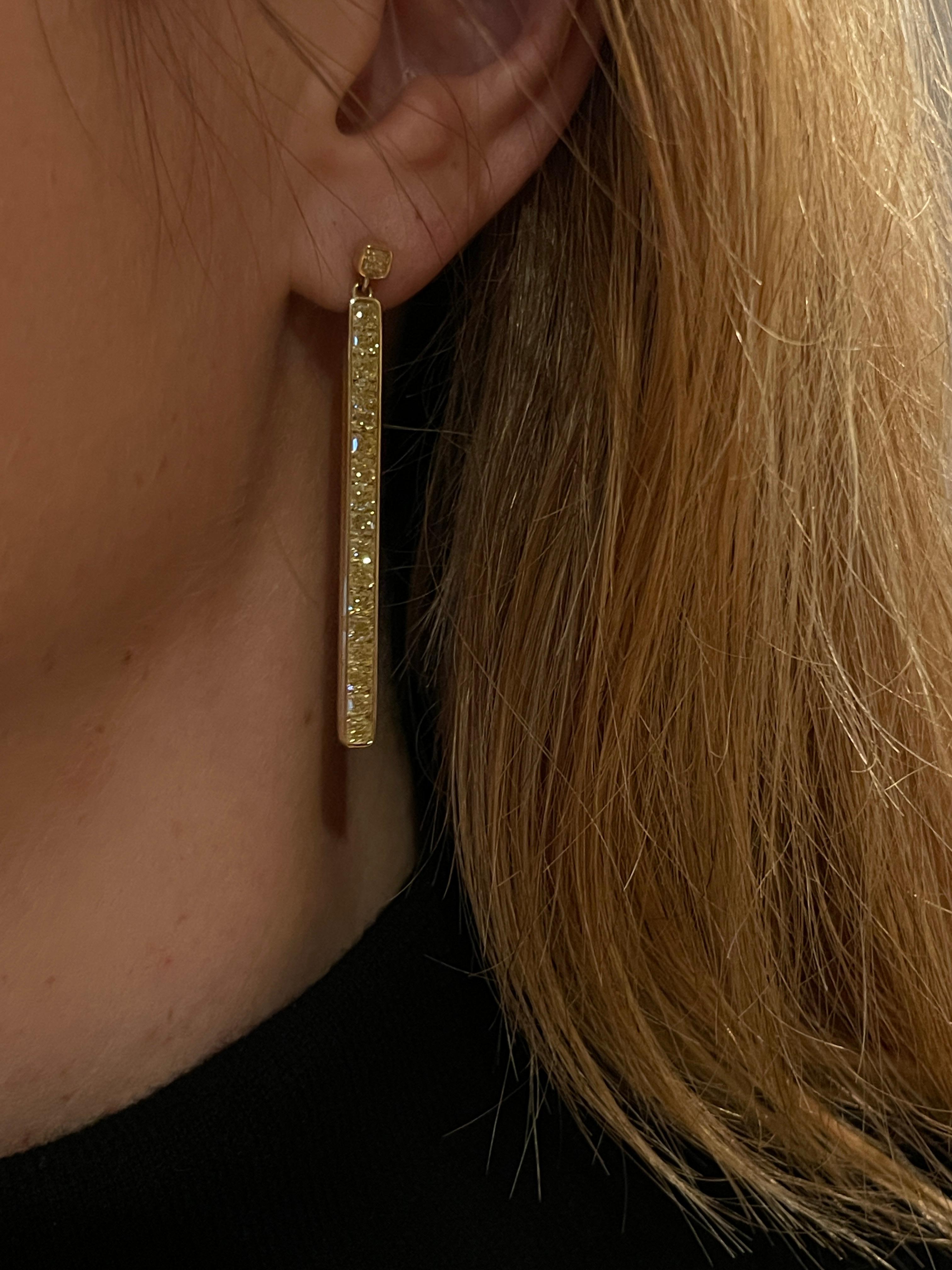 Contemporary Fancy Yellow Diamond Stick Earrings, 3.85 ctw For Sale