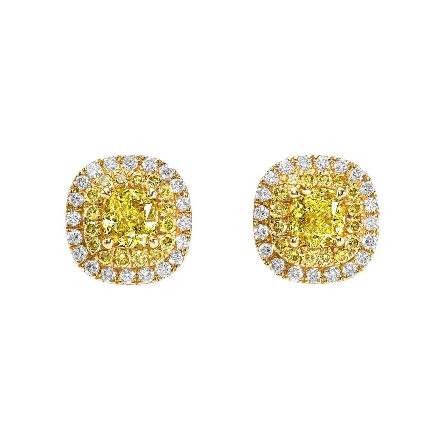 Cushion Cut Radiant 0.85 Carat Fancy Yellow Diamond Cushion Stud Earrings – Luxury Gift For Sale