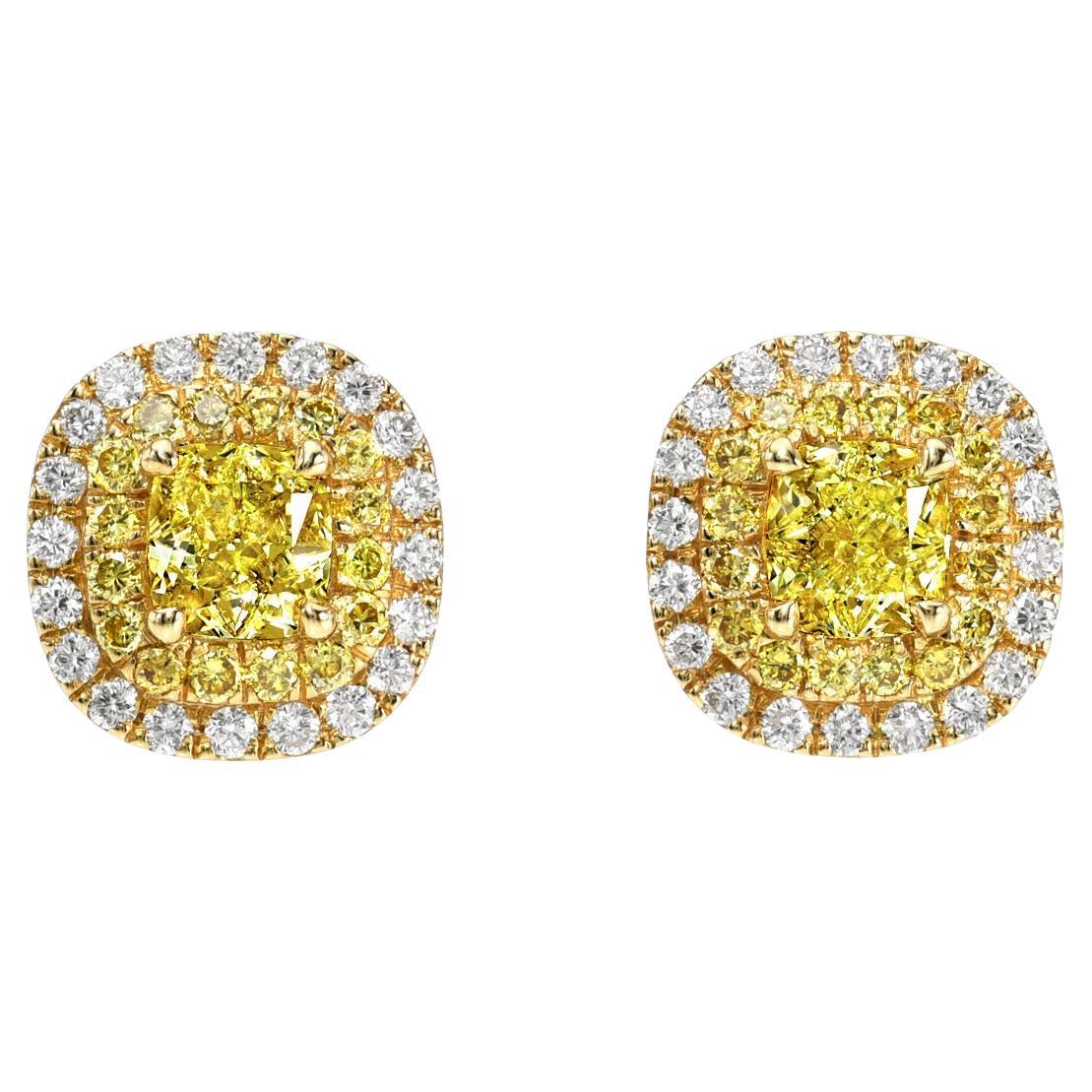 Fancy Yellow Diamond Stud Earrings 0.85 Carat Cushion