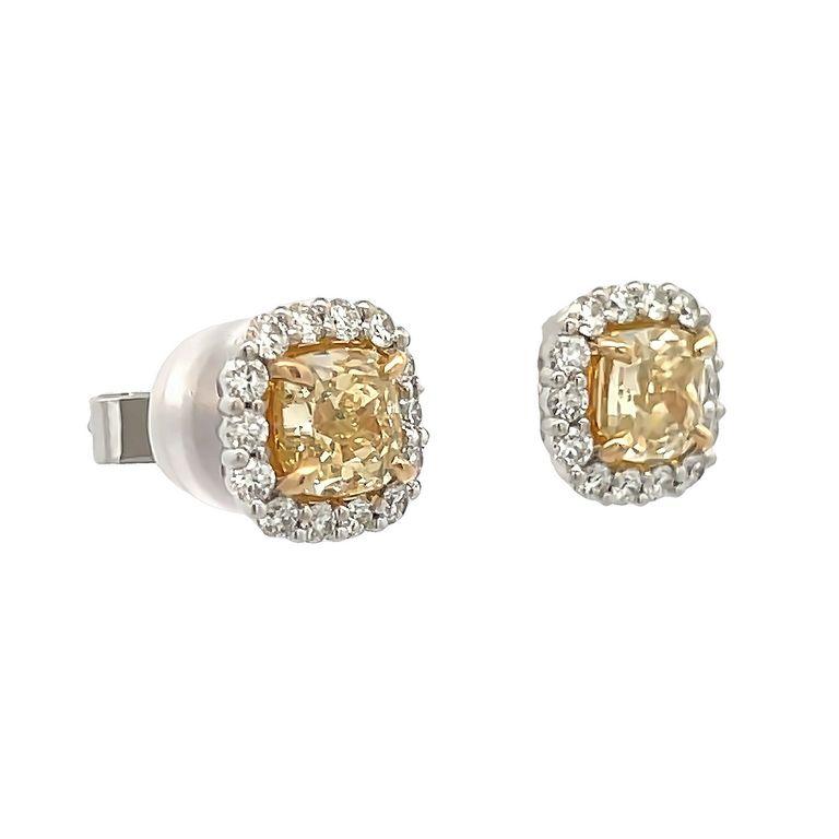 Fancy Yellow Diamond Studs Earrings 1.84ct D.68ct 18K White Gold For Sale 1