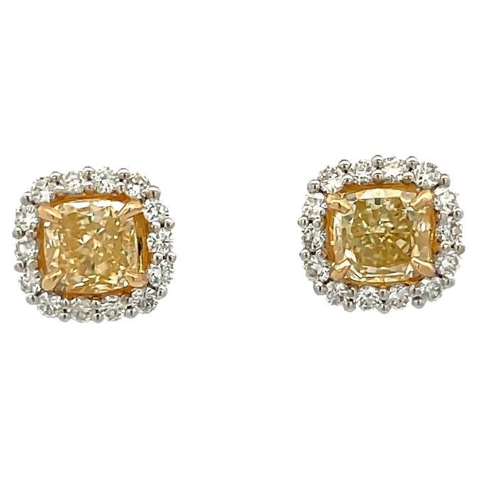Fancy Yellow Diamond Studs Earrings 1.84ct D.68ct 18K White Gold