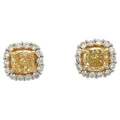 Fancy Yellow Diamond Studs Earrings 1.84ct D.68ct 18K White Gold