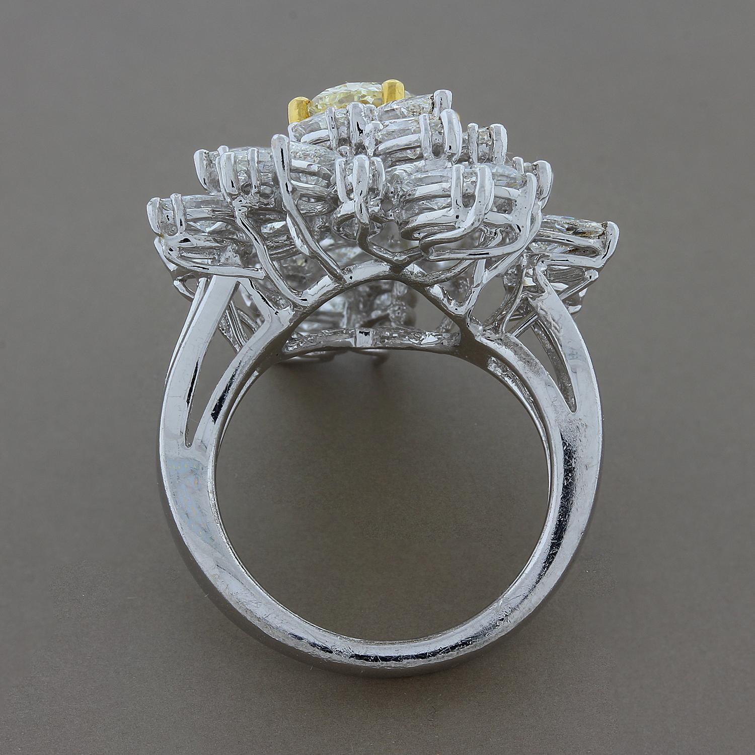Women's Fancy Yellow Diamond White Diamond Cluster Platinum Ring For Sale