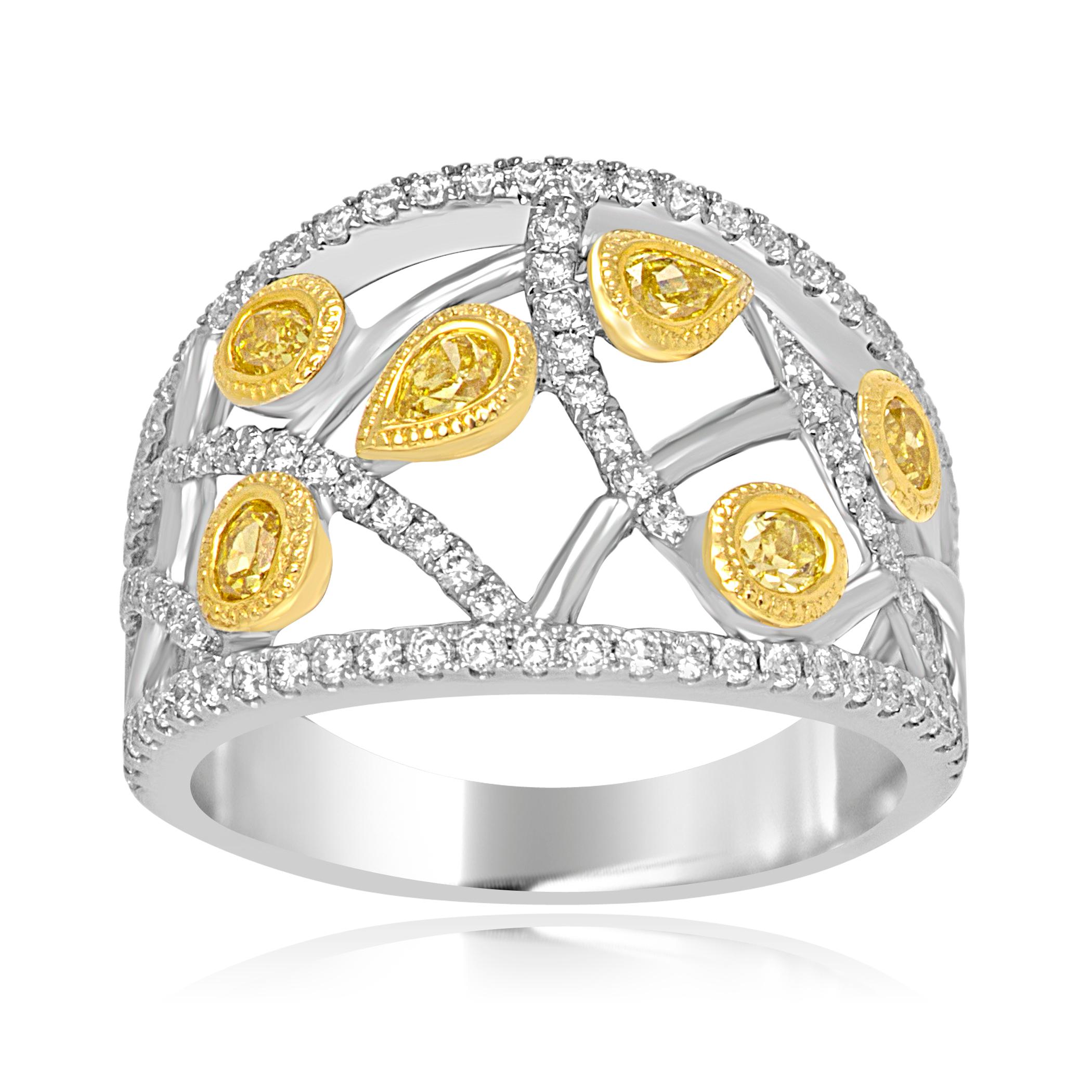 6 Fancy Yellow MIx Shapes VS-SI clarity diamonds 0.38 Carat set with 100 Round White Colorless VS-SI clarity Diamond 0.51 Carat set 14K White and Yellow Gold Fashion Cocktail Dome Band Ring with Beautiful Filigree Work.

Total Diamond Weight 0.90