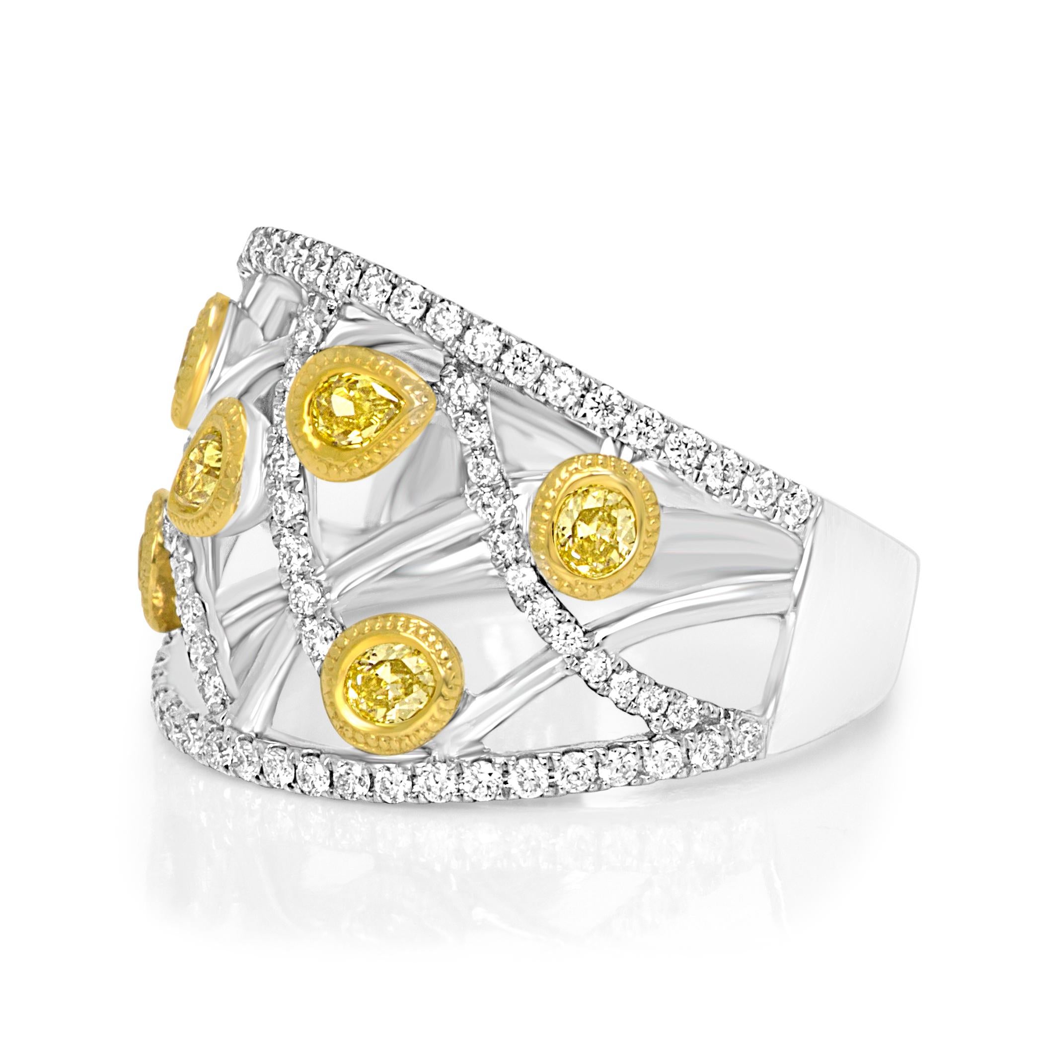 Modern Fancy Yellow Diamond White Diamond Two Color Gold Fashion Cocktail Dome Ring