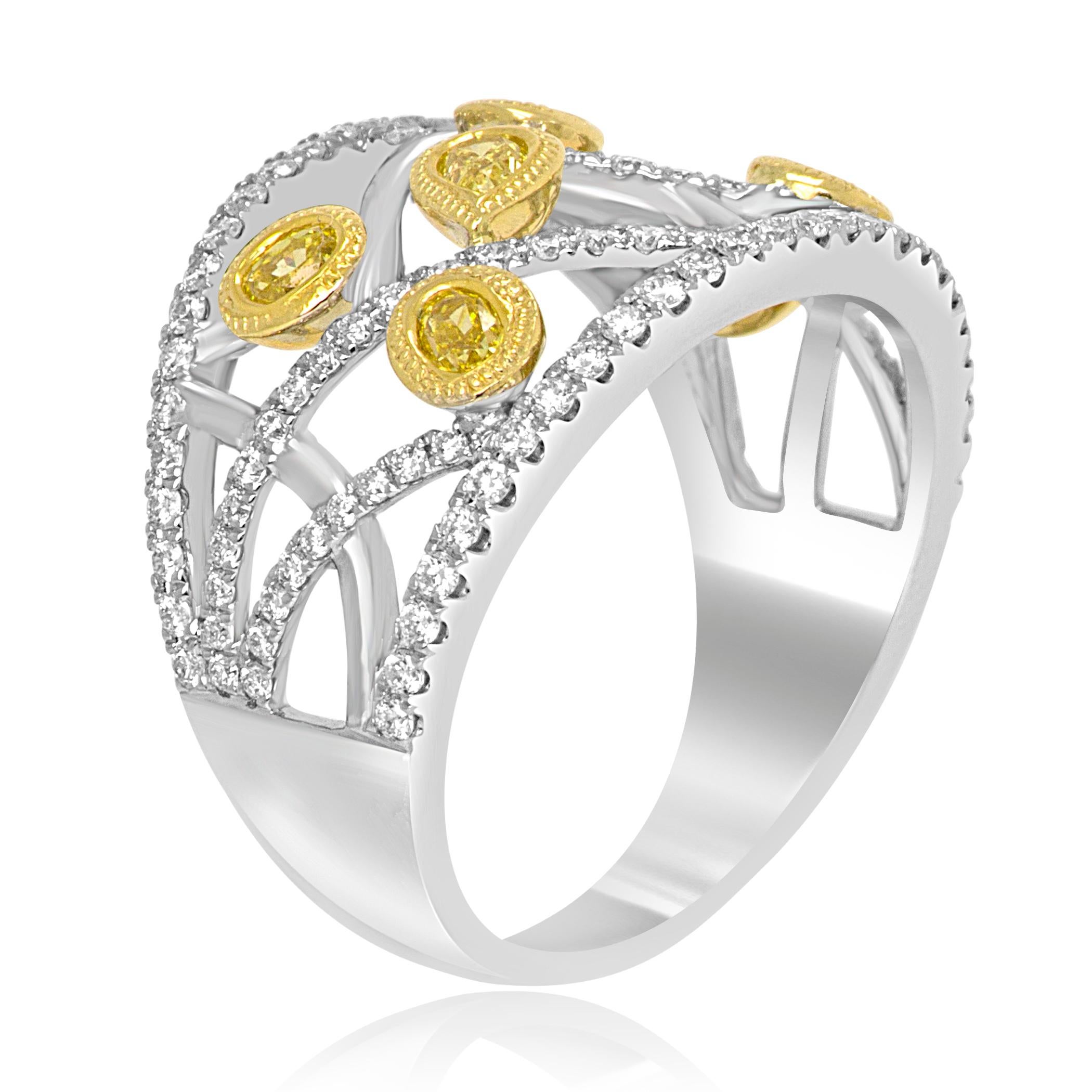 Pear Cut Fancy Yellow Diamond White Diamond Two Color Gold Fashion Cocktail Dome Ring