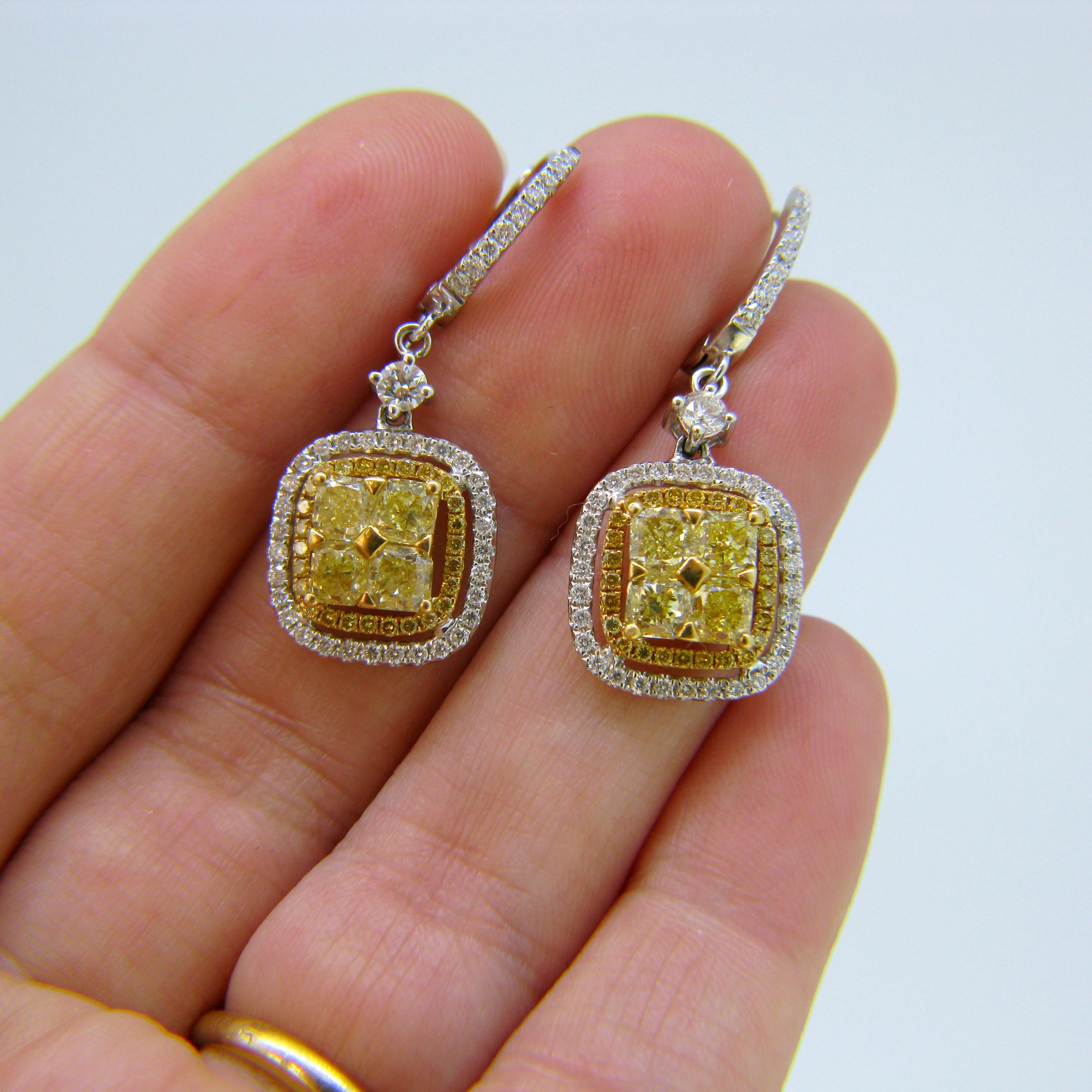 Fancy Yellow Diamonds Cluster Dangle White Gold Earrings In Good Condition For Sale In London, GB