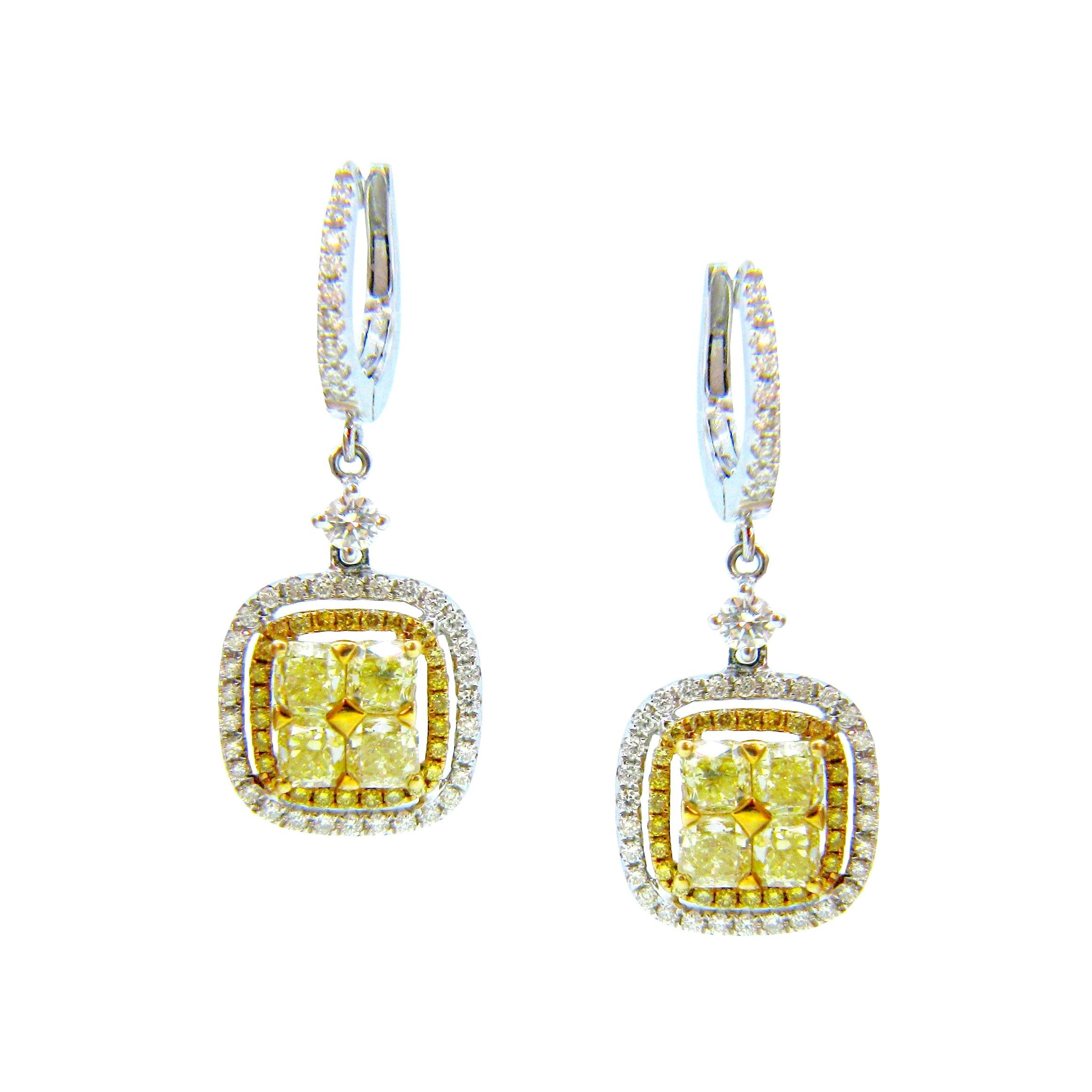 Fancy Yellow Diamonds Cluster Dangle White Gold Earrings