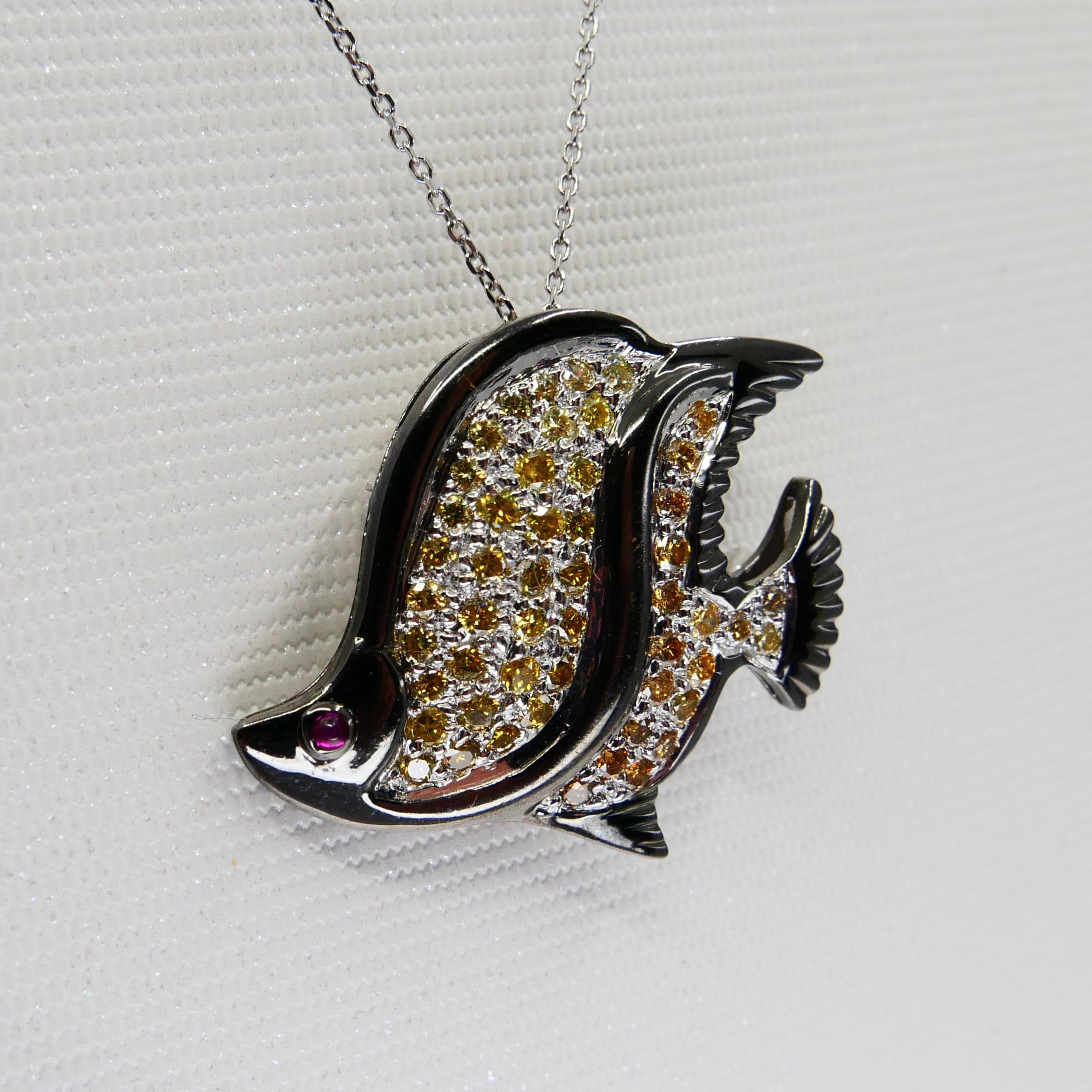 Fancy Yellow & Fancy Orange Diamond Fish Brooch Pendant, Black Rhodium For Sale 3