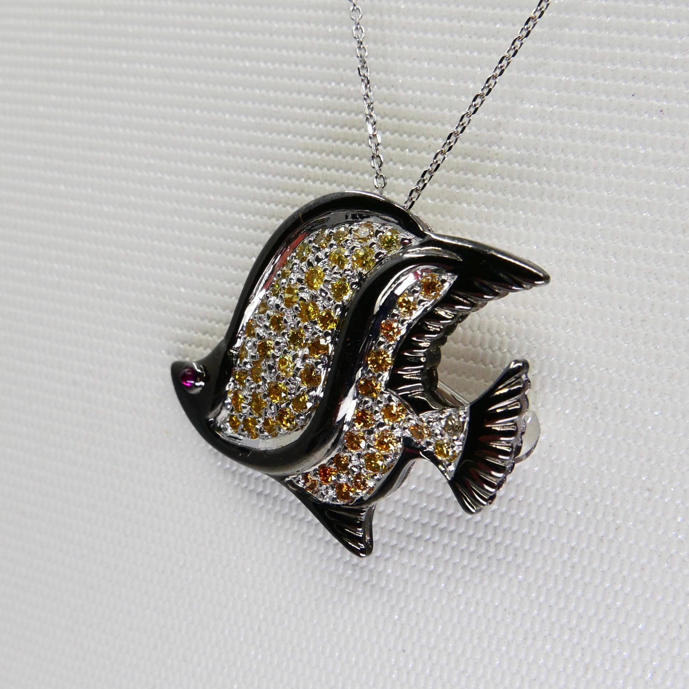 Colgante Broche Pez Diamante Amarillo y Naranja Fantasía, Rodio Negro en venta 6