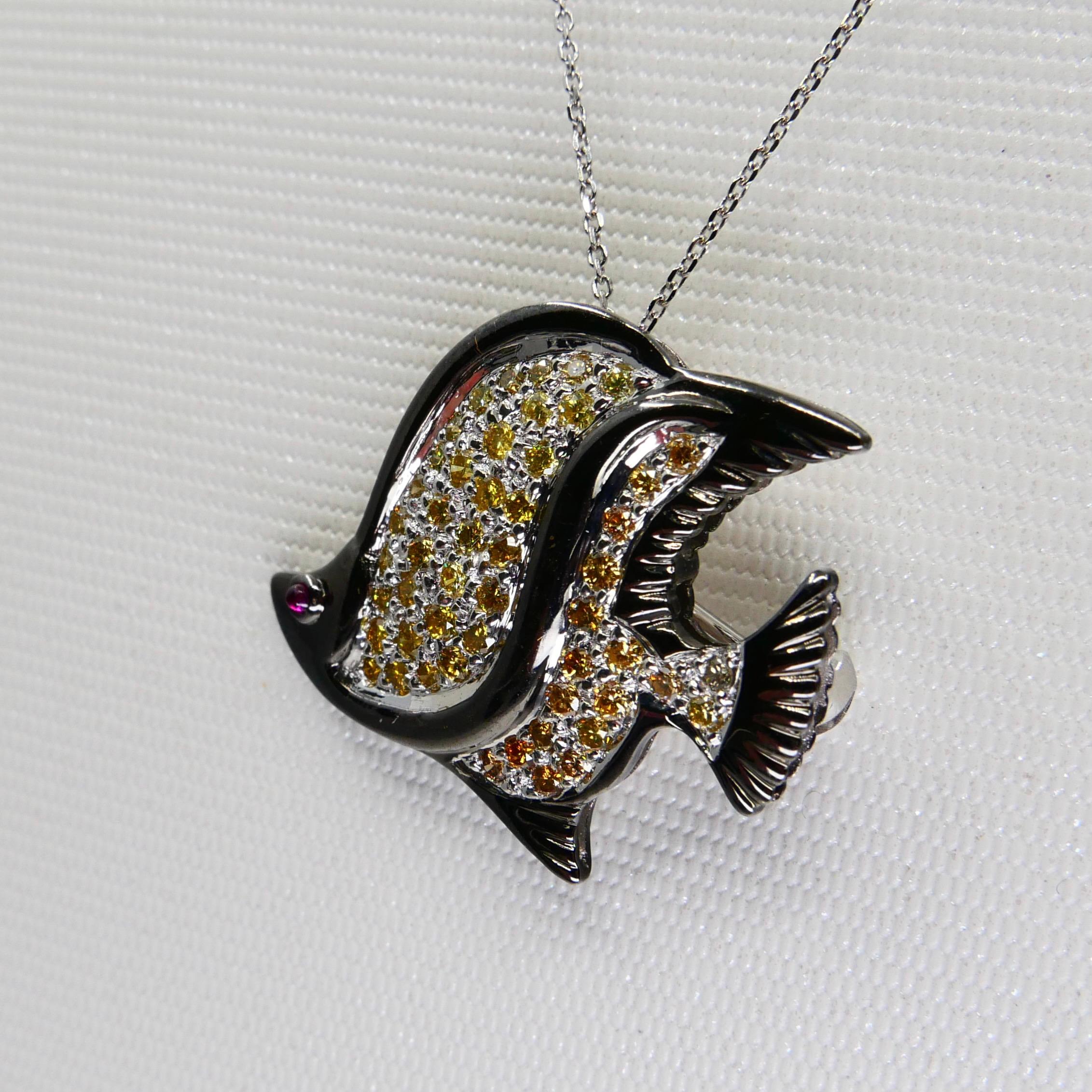 Fancy Yellow & Fancy Orange Diamond Fish Brooch Pendant, Black Rhodium For Sale 4