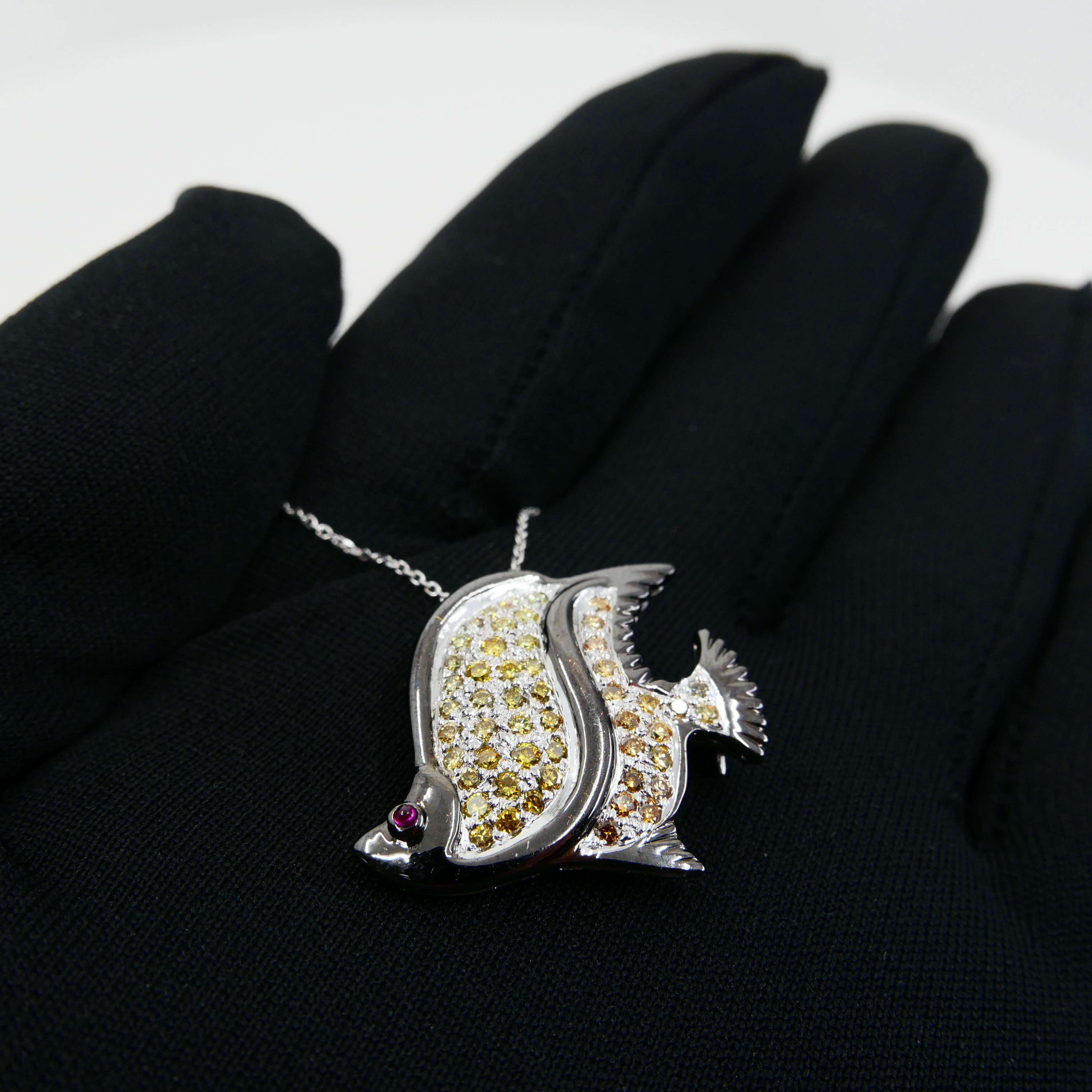 Colgante Broche Pez Diamante Amarillo y Naranja Fantasía, Rodio Negro en venta 7
