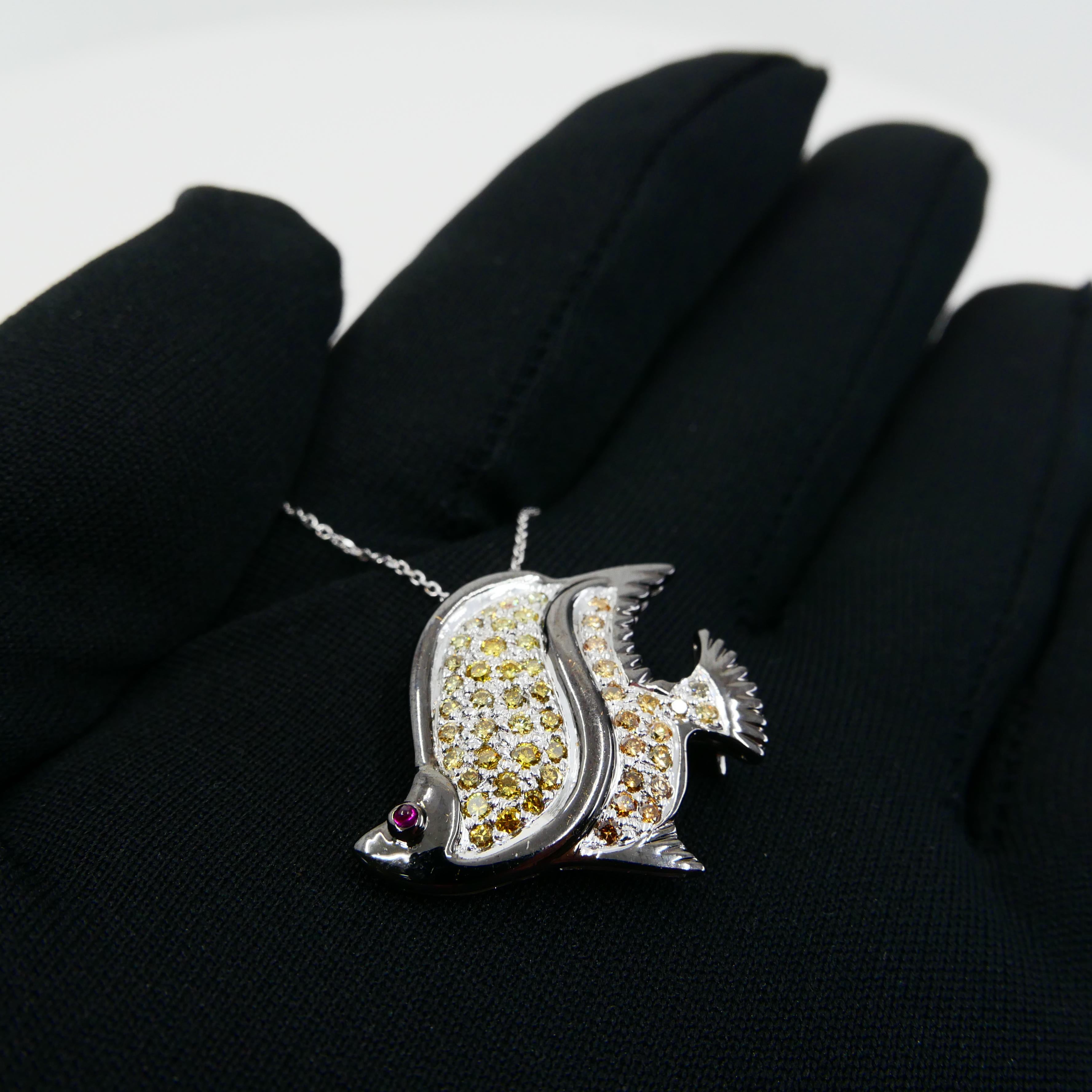 Fancy Yellow & Fancy Orange Diamond Fish Brooch Pendant, Black Rhodium For Sale 5