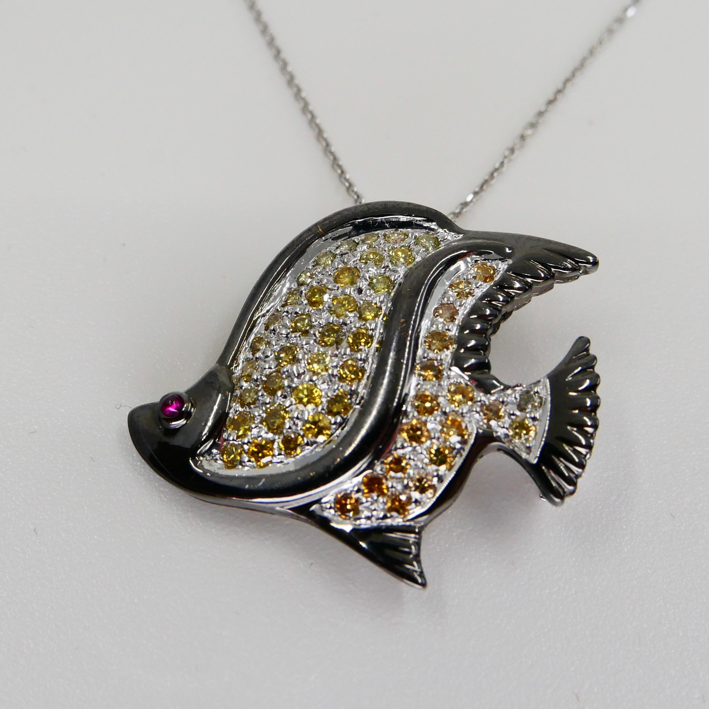 Fancy Yellow & Fancy Orange Diamond Fish Brooch Pendant, Black Rhodium For Sale 7