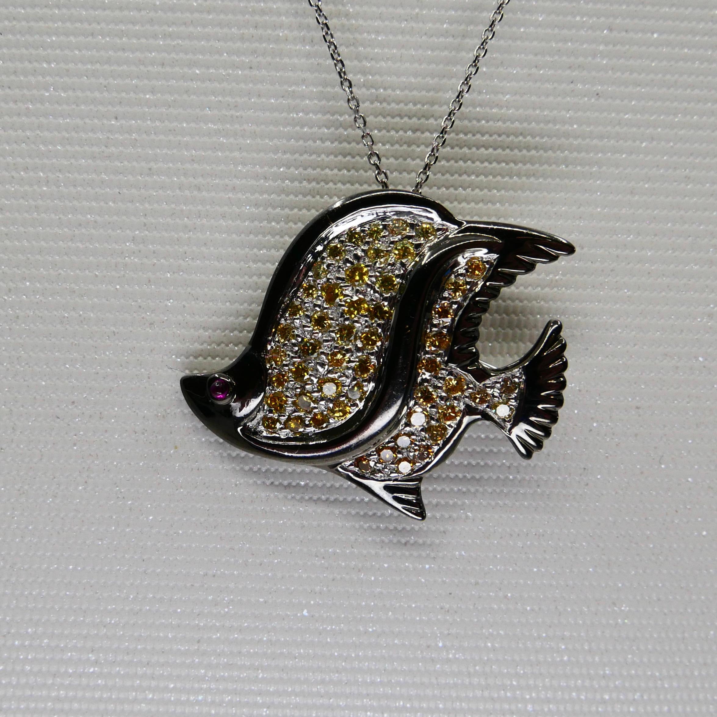 Fancy Yellow & Fancy Orange Diamond Fish Brooch Pendant, Black Rhodium For Sale 8
