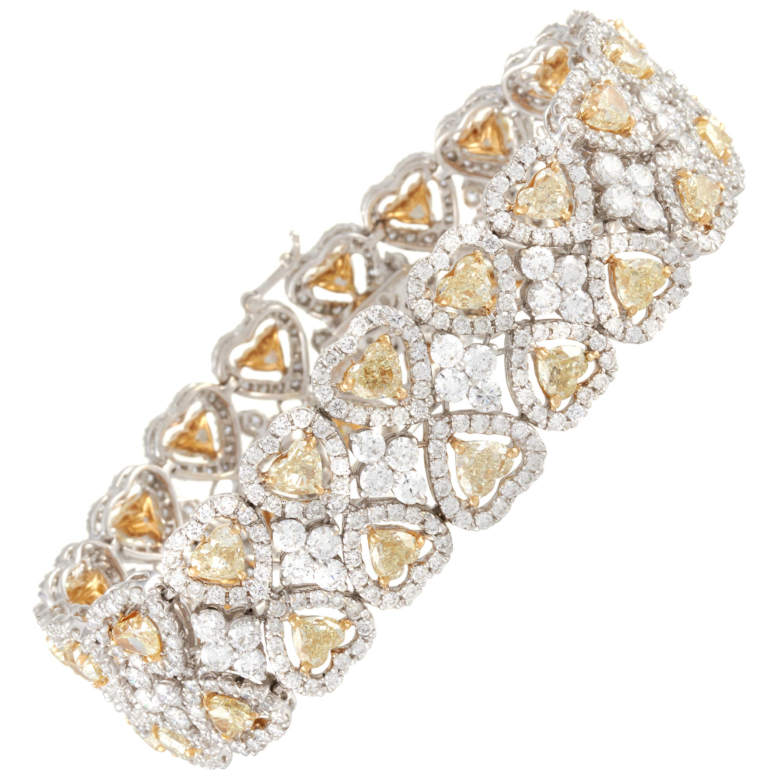 Fancy Yellow Heart Shape Diamond with White Diamond Halos Cuff Style Bracelet For Sale