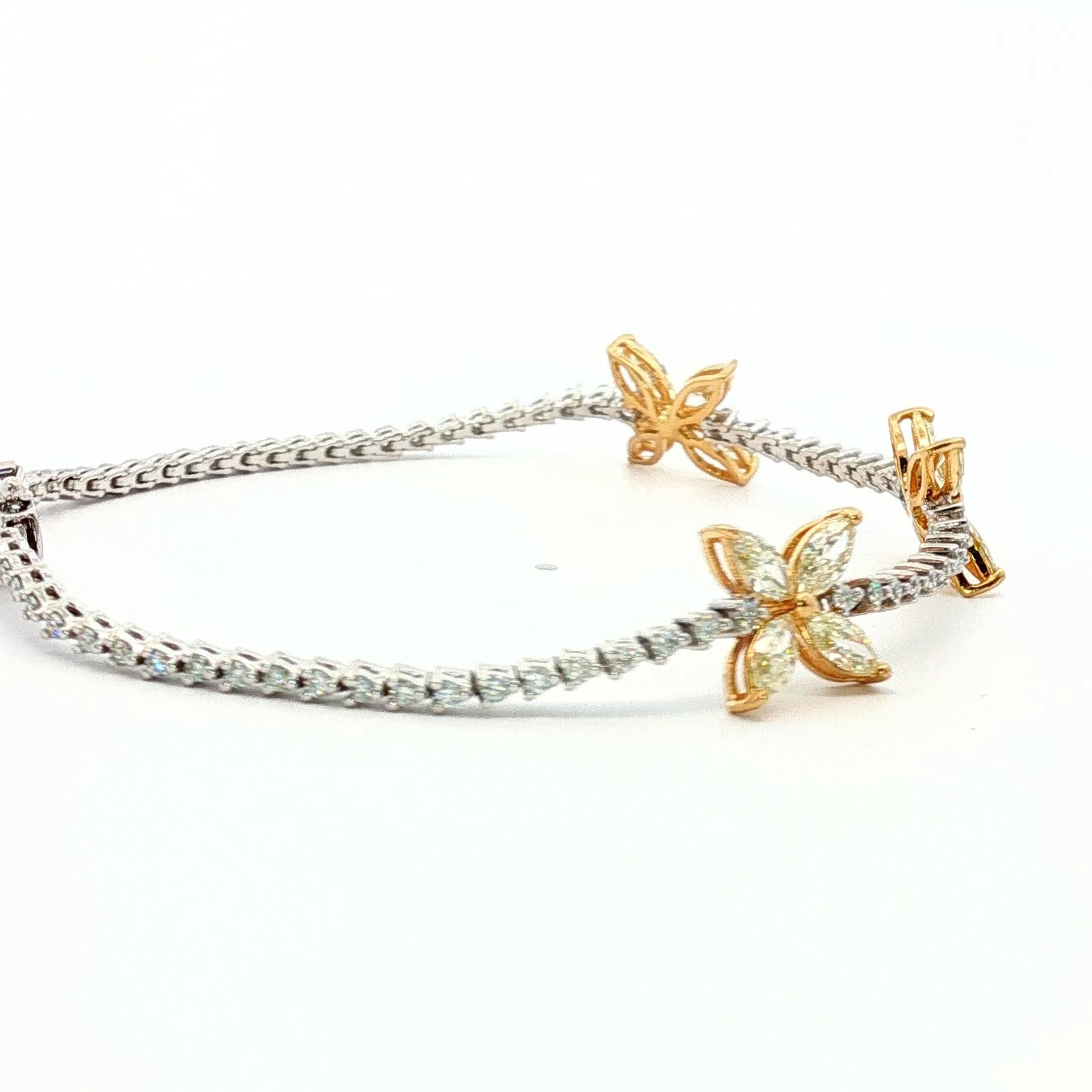 Taille Marquise Bracelet de tennis avec motif Victoria en or 18K, marquise et diamant blanc de couleur jaune fantaisie en vente