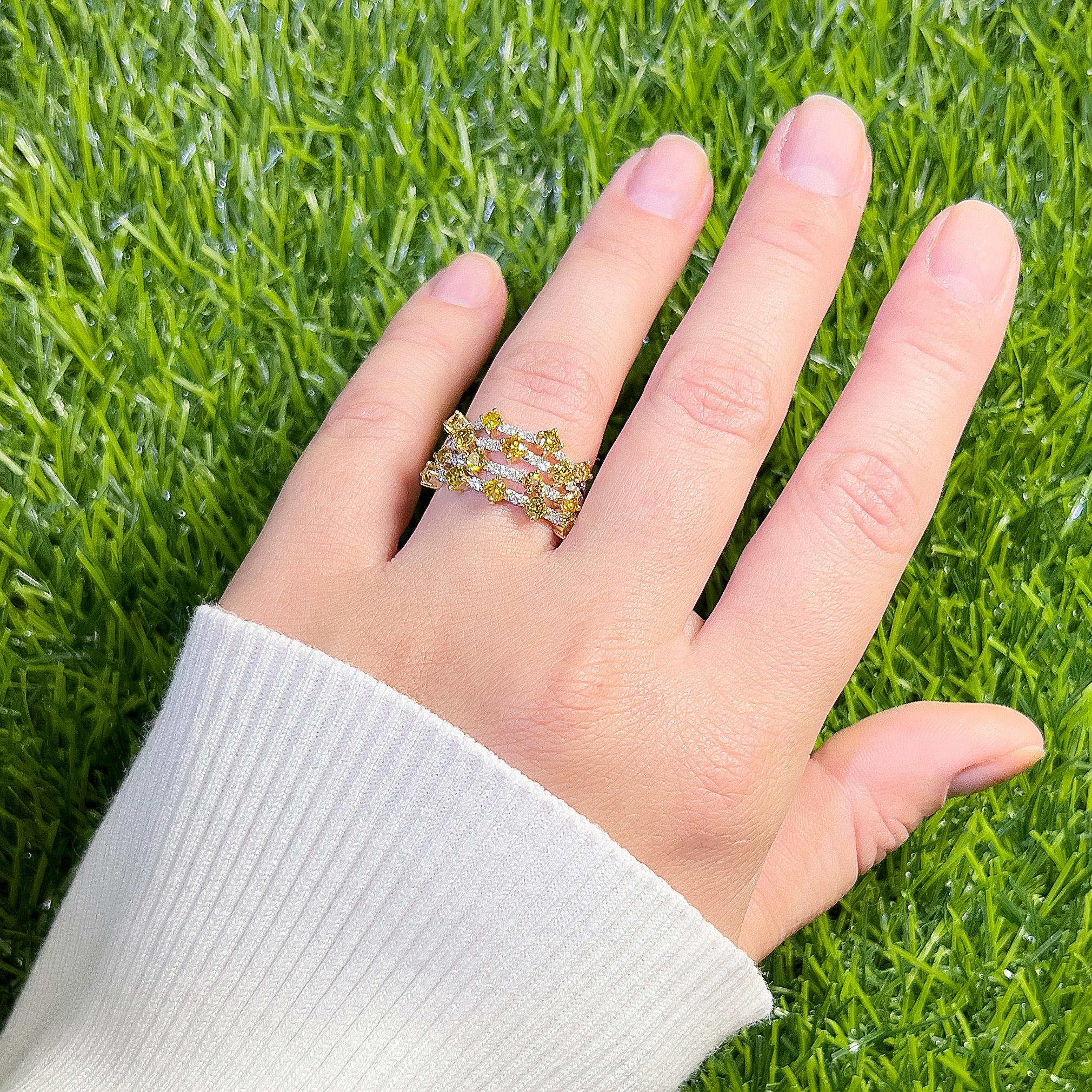 It comes with the appraisal by GIA GG/AJP
16 Fancy Yellow Diamonds = 1.25 Carats
38 White Diamonds = 0.30 Carats
Origin: Natural, Cut: Round
Metal: 18K White and Yellow Gold
Ring Size: 7* US
*It can be resized complimentary